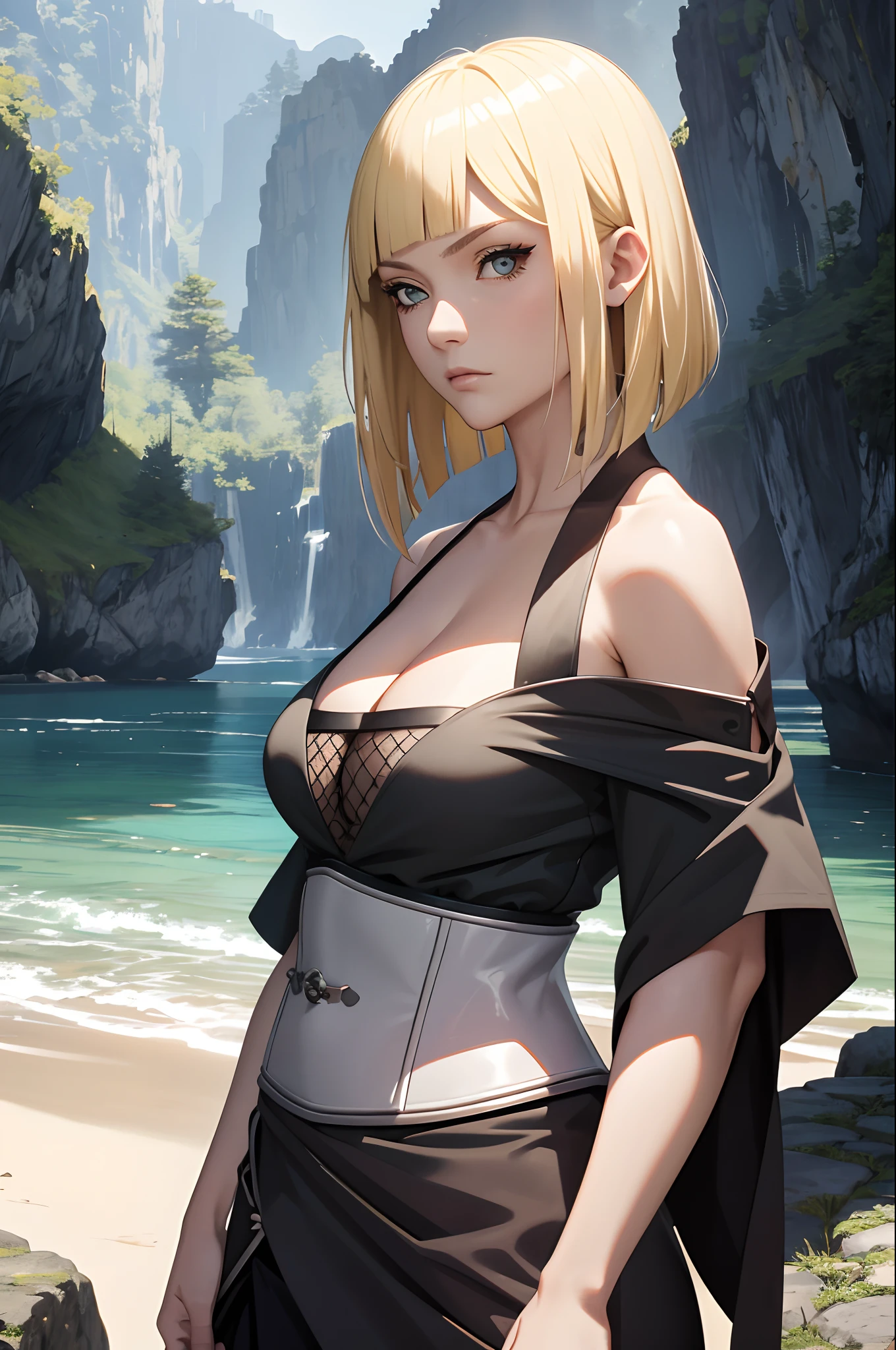 Masterpiece, Best quality, Koh Samui, black kimono, cleavage, vambraces, Cowboy shot, view the viewer, From the side Side, emotive, rock formations,salama,Frontal photo