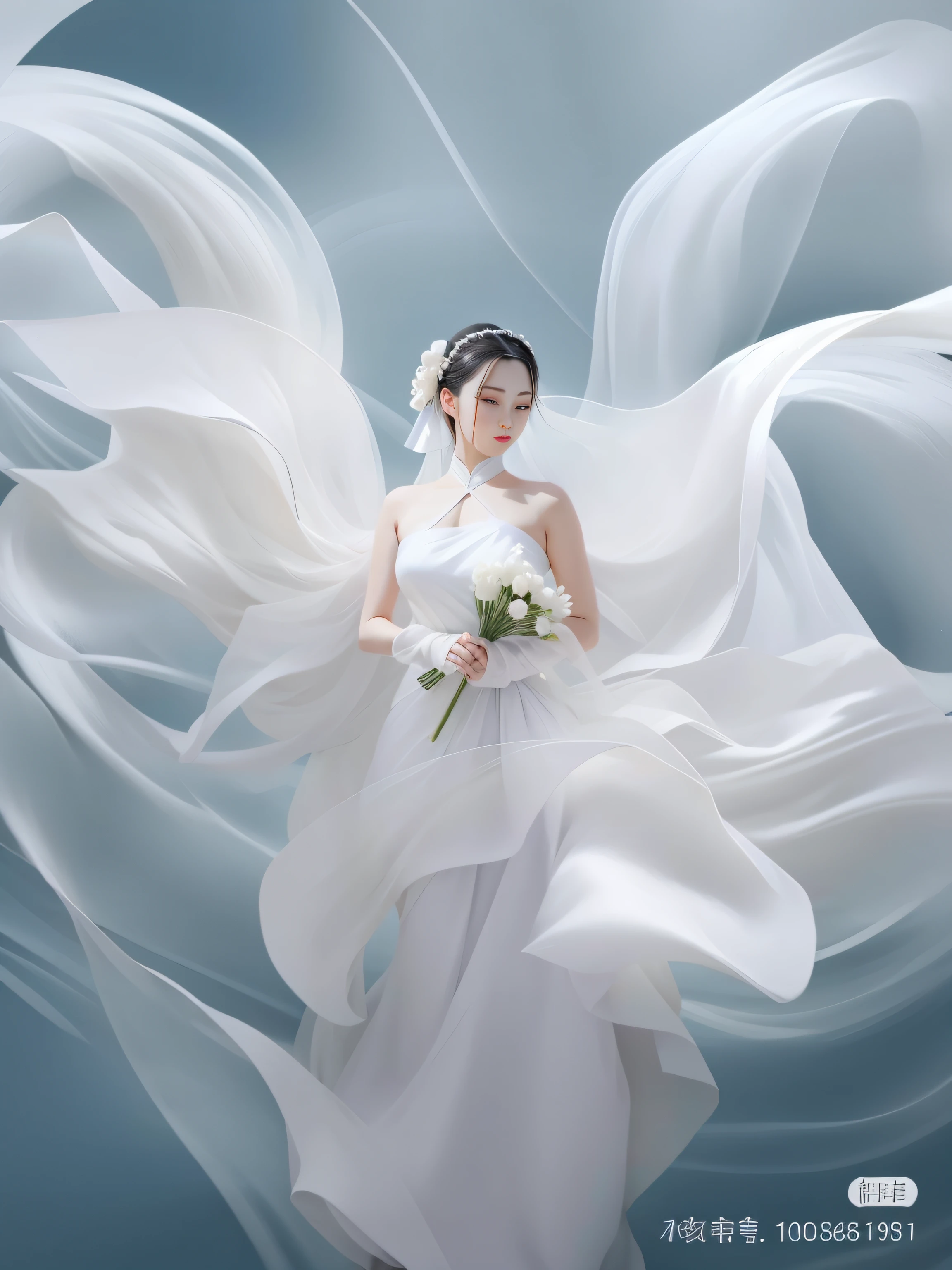 Image of Aalfed of a woman holding a bouquet in a white dress, flowing white robe, Zhang Jingna, Ethereal beauty, White Hanfu, Inspired by Tang Yifen, white cloth in wind shining, Inspired by Huang Ji, ethereal lighting - h 640, beautiful flowing fabric, inspired by Liu Jun, shaxi, author:Yu Zheding