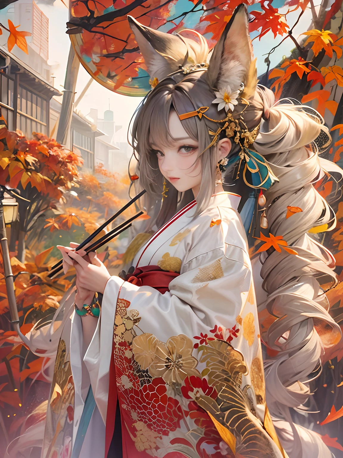 I have a delicious skewer dumpling、The background is pampas grass and autumn leaves