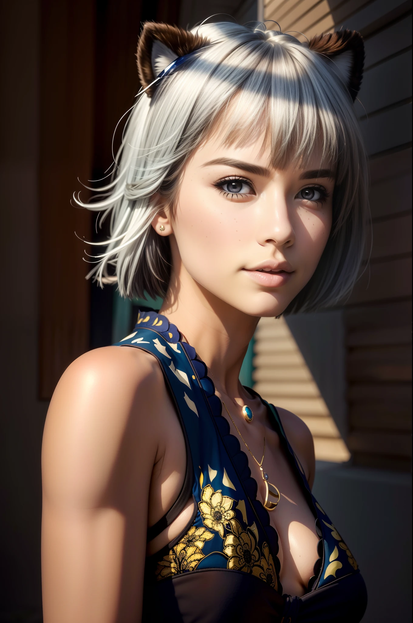 (masutepiece, Best Quality), Intricate details, (Best Quality)), ((masutepiece)), ((Realistic)), (Hyper-Realism:1.2), (Fractal Art:1.2),
(1girl in),Solo, Animal ears, White hair, Short hair, Brown eyes, tail, Large breasts,
(Perfect face:1.3), extremely detailed eye, Colorful, highest details,
Vibrant colors, High contrast,
(8K UHD:1.2), (Photorealistic:1.2),