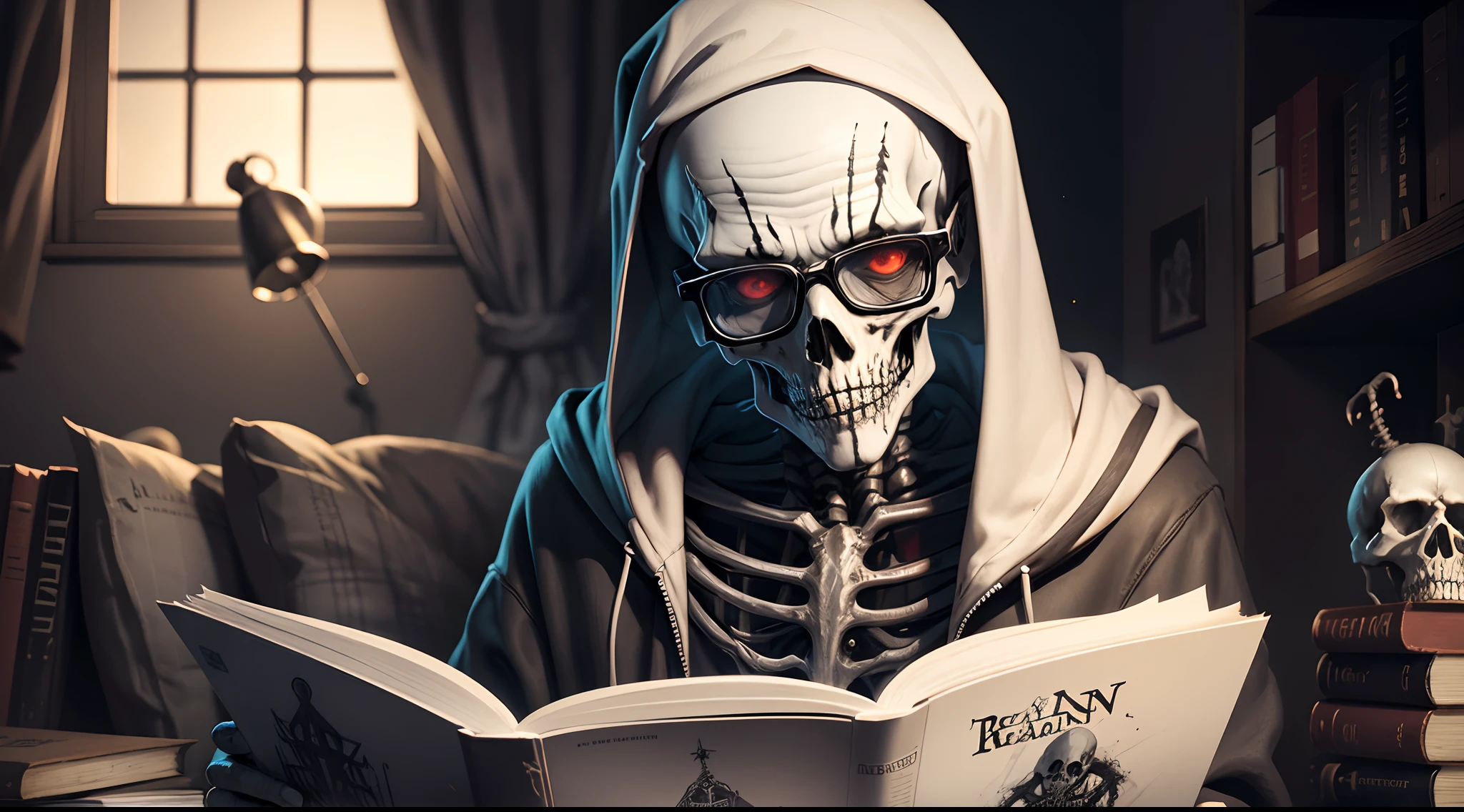 cool Skelton with reading the scary stories book and wearing glasses.