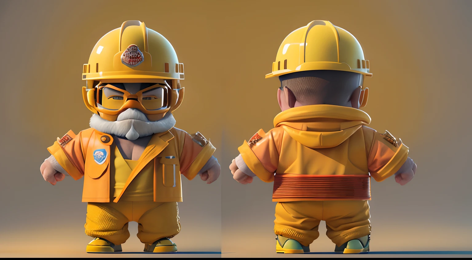 Mascot model sheet, he is a 35-year-old Brazilian firefighter, unshaven, his strong athletic physique, orange uniform with yellow details, transparent acrylic goggles, super detailed, blender, octane render, pixar style, isolated on white background