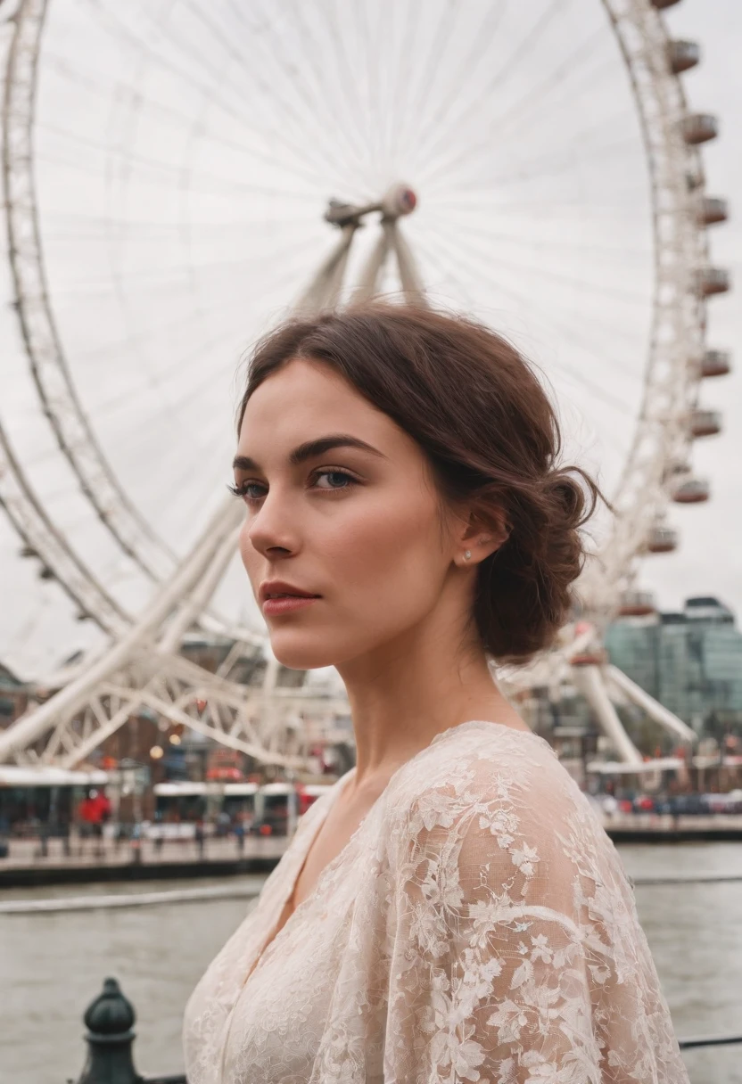 journey, in the style of rap aesthetics, girl, London, England, make for a memorable photo. The background is London Eye, a giant Ferris wheel. photo taken with fujifilm superia, charly amani, oversized portraits, babycore, upper body
