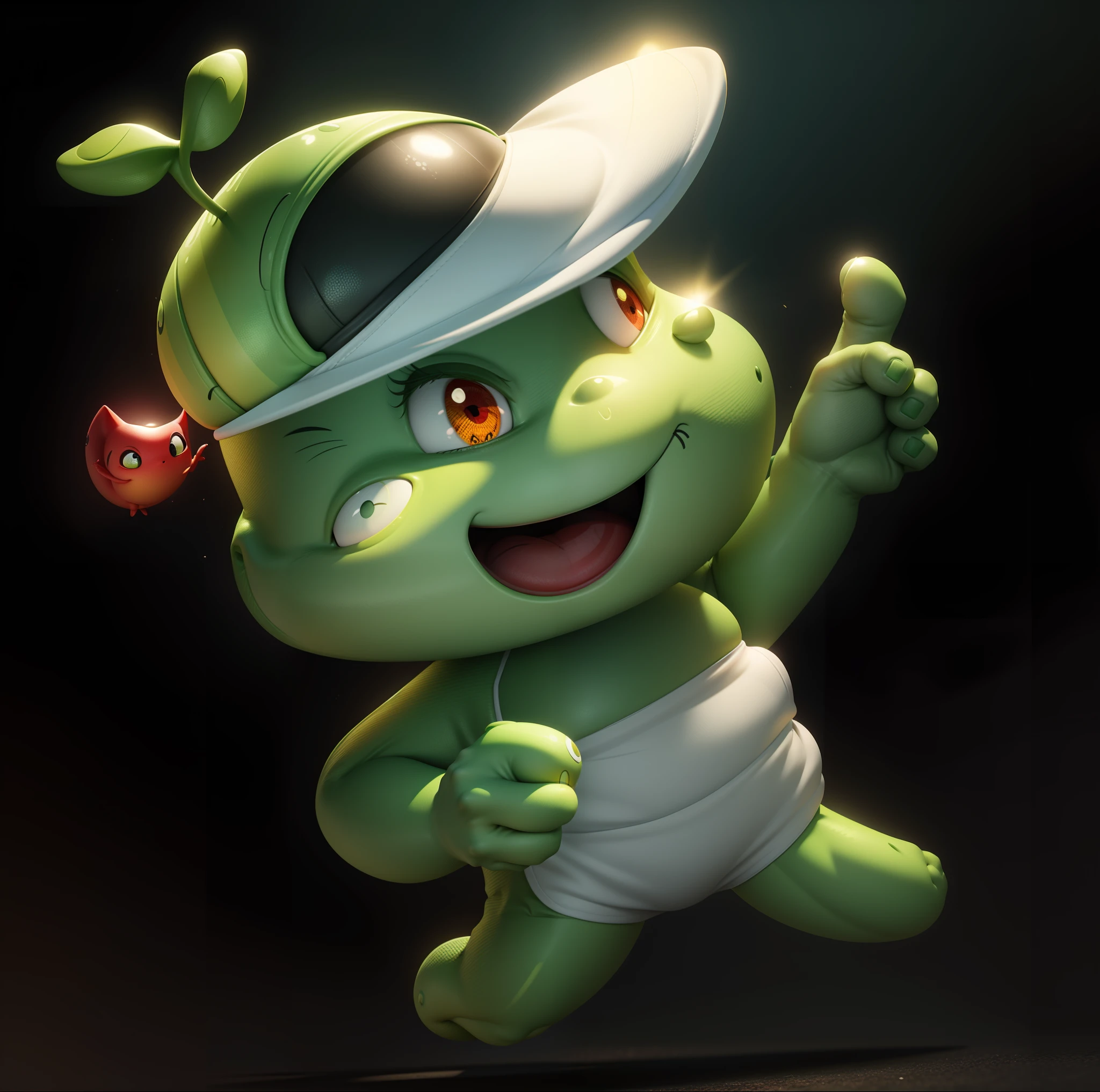 Cute cartoon,Green skin,Redfaced,黑The eye,Yellow belly,Red sports cap,Left finger forward,ssmile,Rounded,white backgrounid,3d cartoon style rendering,