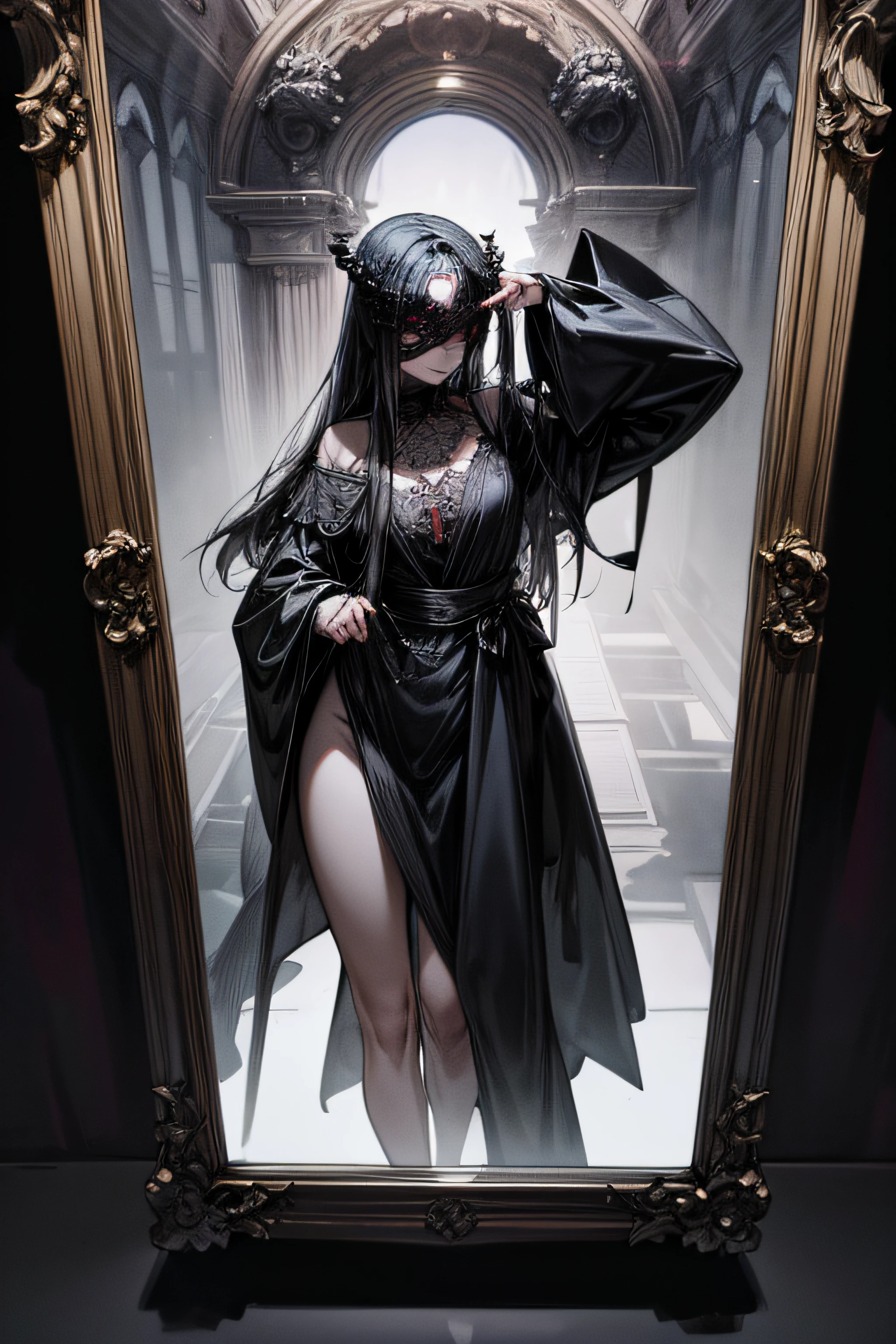 A cultist woman wearing a mirror masquerade mask, A black robe, un estilete en la mano y perfora la otra mano, The demon in the mirror devours the body of the cultist through the mask, An obsidian mirror appears behind and a mirror demon strikes it from the inside..., Alto realismo, High detail. The devil has pale and slippery skin, extremidades largas con garras, una boca grande con muchos dientes afilados y una lengua larga que cuelga de la boca. el cuerpo es delgado, Las costillas son visibles, Hundreds of little black eyes. Tiene una altura de 2 metros,Estilo Black Souls, Clear lines, bosquejo, sombreado.