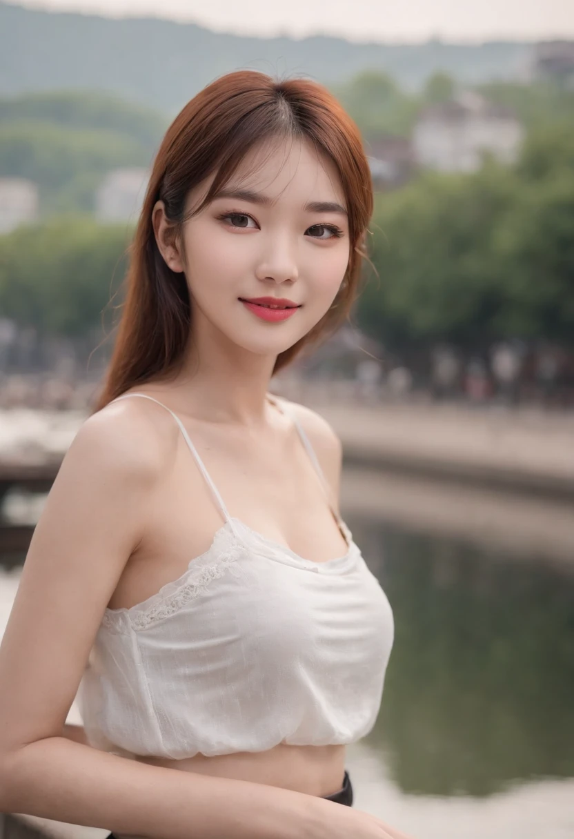 (Beautiful face),A 25-year-old Japanese woman，short，Qi bangs，White thin strap top，Bigboobs，乳溝，On the street next to the Han River in Seoul，crowd，black short skirt，sandals，Black tights，ssmile，(Best quality), (Masterpiece),(Realistic hair),(Soft focus background), (A high resolution),(RAW photo), Original, Extremely detailed 8k wallpaper, (An extremely delicate)