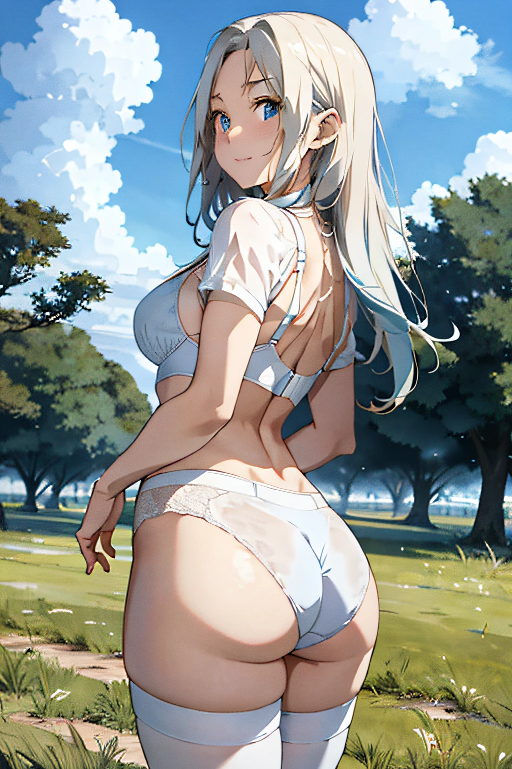 grassy fields、blue open sky、White cumulonimbus clouds、There is an endless grassland behind you,25 age old,musculous,perfect body figure,The perfect super body stands out ,The neckline is large,light blue eyes,Perfect proportions,Ultra-light blue eyes, long white hair, long eyelashes heavy makeup, a garter belt, Stand with your legs spread out,Cocked buttocks,(((Wear only light-colored underwear made of transparent material))),(Extra-large breasts)(((Protrusion can be seen through the bra )))The clothes are little,Highlight your youthful figure, ssmile,Expose your ass from behind