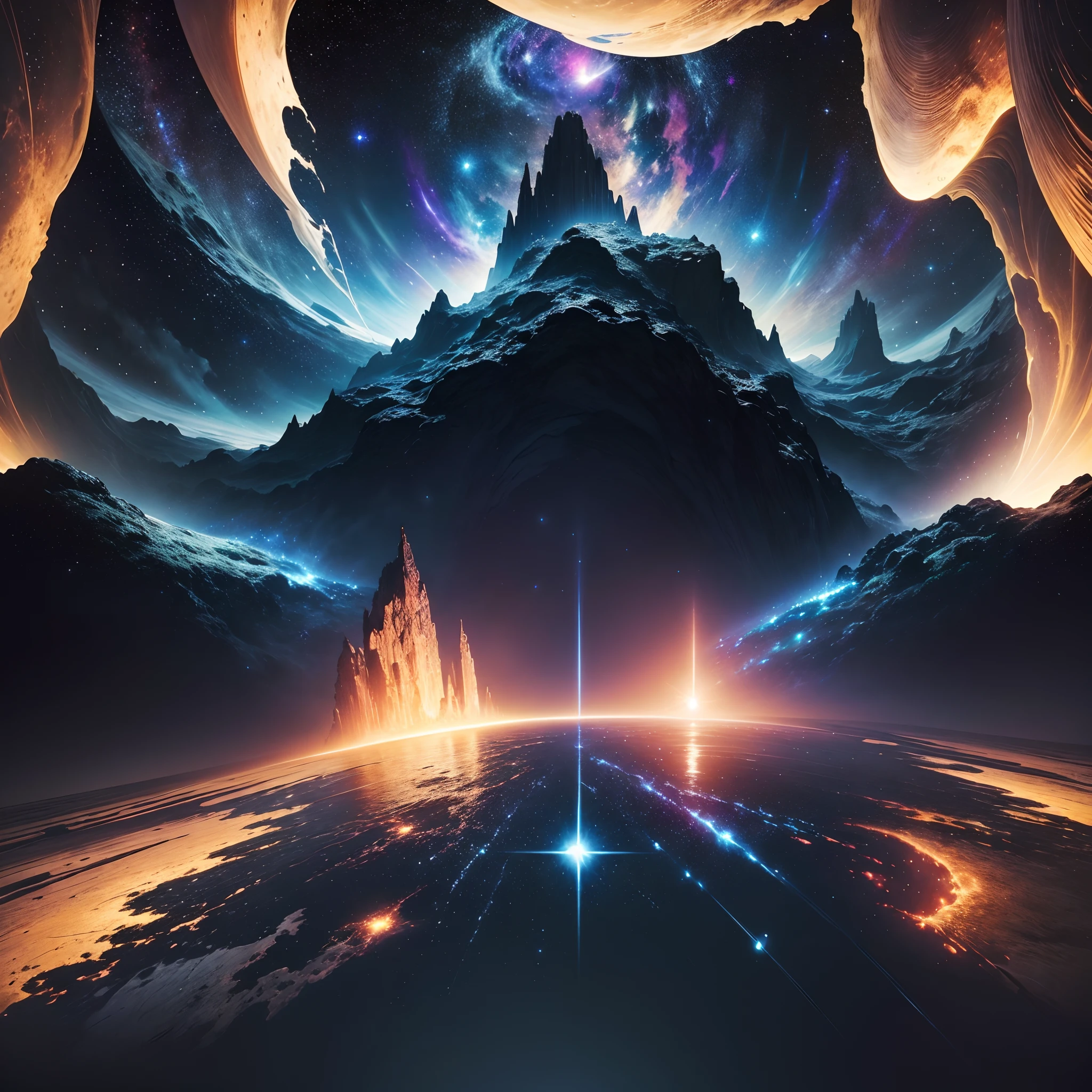 ((Masterpiece)),(Best quality)),Magnificent space image scene,heavenly body,Interstellar,((Huge star gates)),black hole,(((Huge starship))),Spaceship,Shining starry sky,8K,super-fine,high qulity, (masterpiece, best quality, high resolution) "Cosmic Horror": A breathtaking view of space reveals a distorted galaxy teeming with strange life forms and entities that defy human understanding, V0id3nergy night sky
