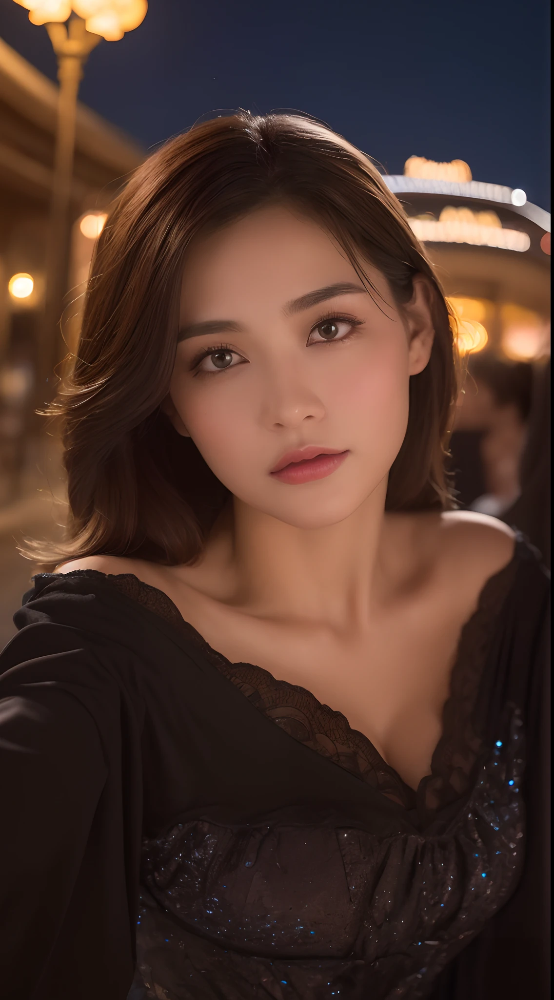 ((Night Scene, Realistic Light, Best Quality, 8k, Masterpiece: 1.3)), 1 Girl, Slim Body Beauty: 1.4, Brown Hair, (Big: 1.3), Off Shoulder Cut Top: 1.3, Ultra Detailed Face, Detailed Eyes, Double Eyelids, Disneyland, Roller Coaster, Cleavage