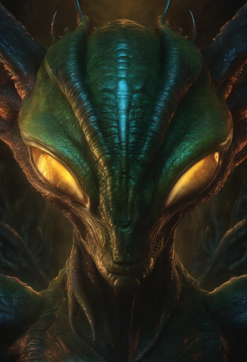 Alien face, frontal with intricate dark appearance, High Detail, dramatic