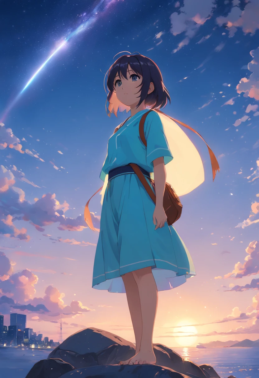 Anime girl standing on rock on round light background, style of anime4 K, Anime art wallpaper 8k, anime girl with cosmic hair, Anime art wallpaper 4k, Anime art wallpaper 4k, Anime wallpaper 4 k, Anime wallpaper 4K, ethereal anime, 4K anime wallpaper, Anime moe art style, Anime epic artwork, Anime lighting、NSFW, (8K, RAW photography, top-quality, tmasterpiece:1.2), (hentail realism, Photorealsitic:1.37), ultra - detailed, 1 rapariga, 独奏, e Babrtle, Beautiful detailed sky,nigh sky