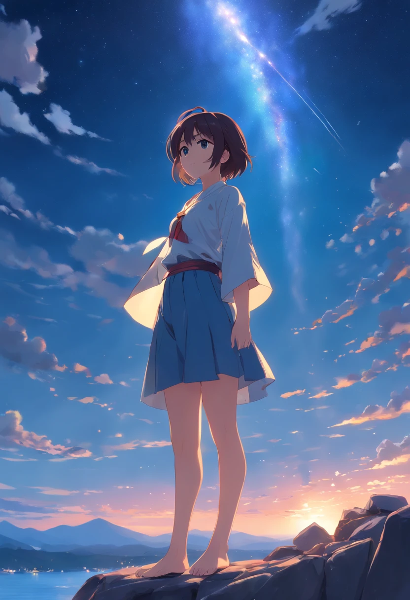 Anime girl standing on rock on round light background, style of anime4 K, Anime art wallpaper 8k, anime girl with cosmic hair, Anime art wallpaper 4k, Anime art wallpaper 4k, Anime wallpaper 4 k, Anime wallpaper 4K, ethereal anime, 4K anime wallpaper, Anime moe art style, Anime epic artwork, Anime lighting、NSFW, (8K, RAW photography, top-quality, tmasterpiece:1.2), (hentail realism, Photorealsitic:1.37), ultra - detailed, 1 rapariga, 独奏, Cute Baby Turtle, Beautiful detailed sky,nigh sky