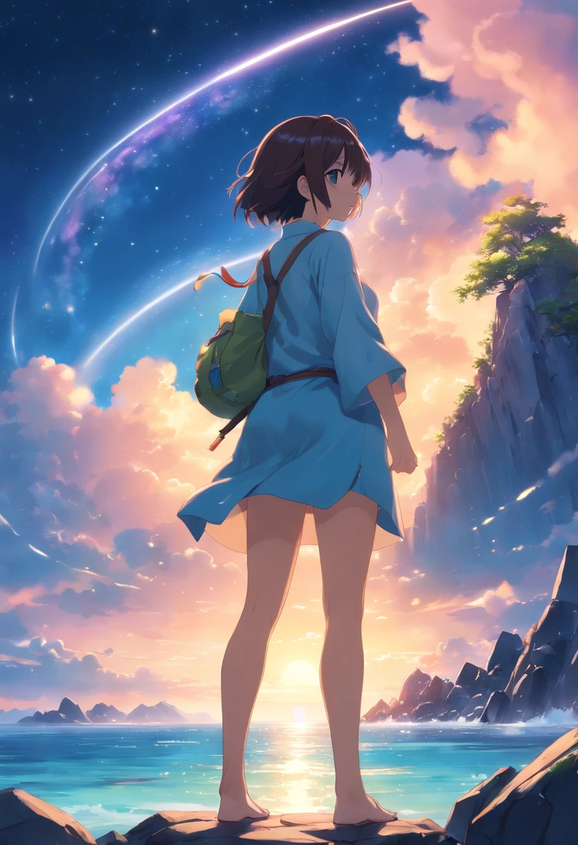 Anime girl standing on rock on round light background, style of anime4 K, Anime art wallpaper 8k, anime girl with cosmic hair, Anime art wallpaper 4k, Anime art wallpaper 4k, Anime wallpaper 4 k, Anime wallpaper 4K, ethereal anime, 4K anime wallpaper, Anime moe art style, Anime epic artwork, Anime lighting、NSFW, (8K, RAW photography, top-quality, tmasterpiece:1.2), (hentail realism, Photorealsitic:1.37), ultra - detailed, 1 rapariga, 独奏, e Babrtle, Beautiful detailed sky,nigh sky