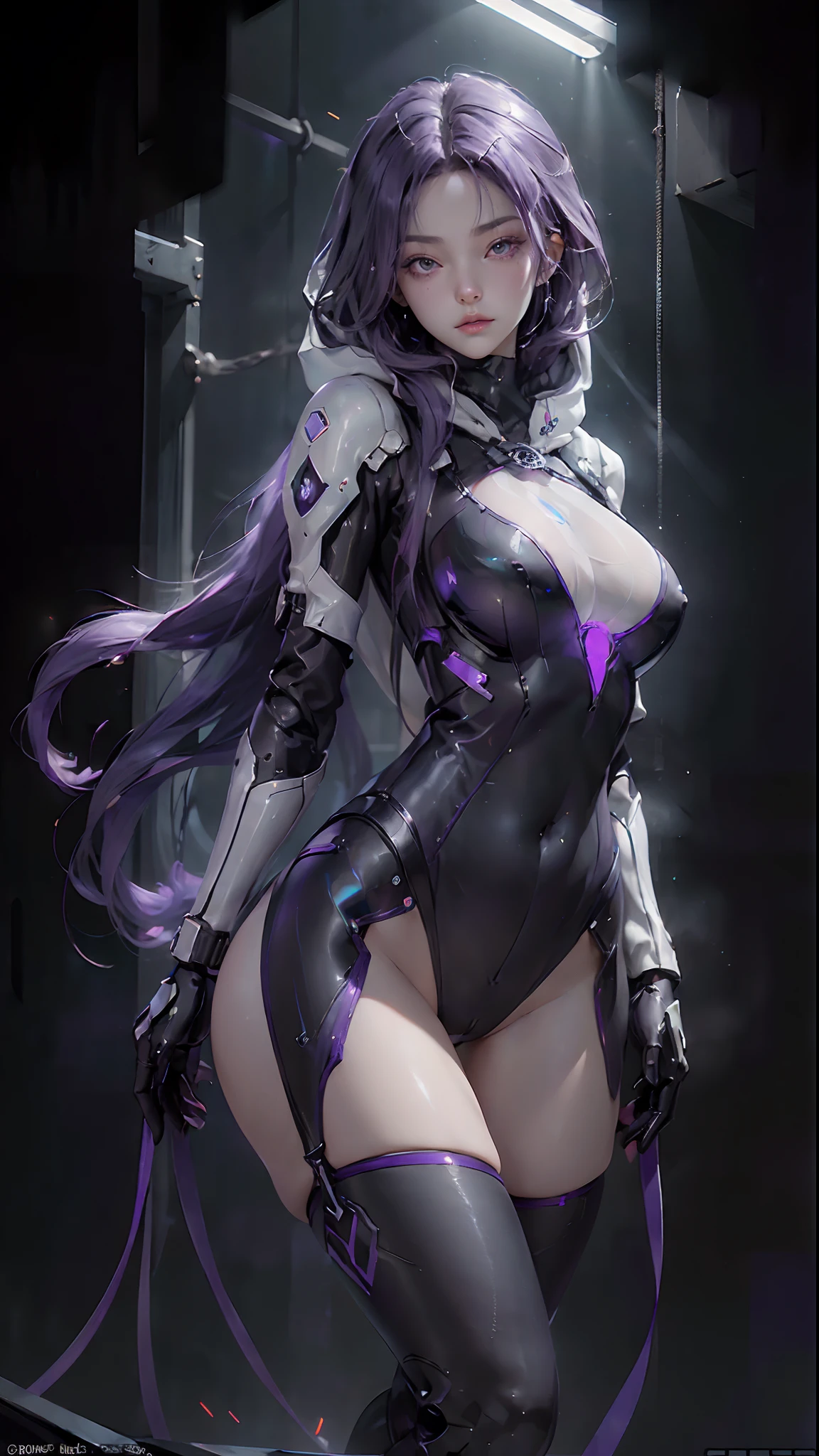 ((of the highest quality)), ((master piece)), (detail:1.4), (((Translucent black material with mechanical parts and transparent skin and Beautiful woman in cyber bodysuit made of gray carbon material))), (((Glowing pale with LEDs))), ((Wide open chest)), Skin of the hips and thighs, Ticker (High dynamic range), Ray tracing, NVIDIA RTX, Super Resolution, Subsurface Scattering PBR Texturing, Post-processing, Anisotropy Filtering, depth of fields, Surface Shading, Accurate simulation of light/Material Interactions, perfectly proportions, Two-tone lighting, Wide aperture, Low ISO, White Balance, 8K, (((Cameltoe))), NSFW, (((Tall Woman))), 25 year old woman, Cyber headgear with dull glowing LEDs, knee high, Bulge, Puffy nipple, ((Cyber hood with dull glowing LEDs)), open stance, Cowboy Shot, Skin of the hips and thighs, Beautiful body, Navel visible on bare skin, Chest to feel gravity, (Huge breasts: 1.3), (gargantuan butt: 1.0), Simple and minimalistic space, Natural sexy poses, Looking down, hair over one eye, (((beautiful very long hair))), (((purple hair))), (((Independence of hair color))),