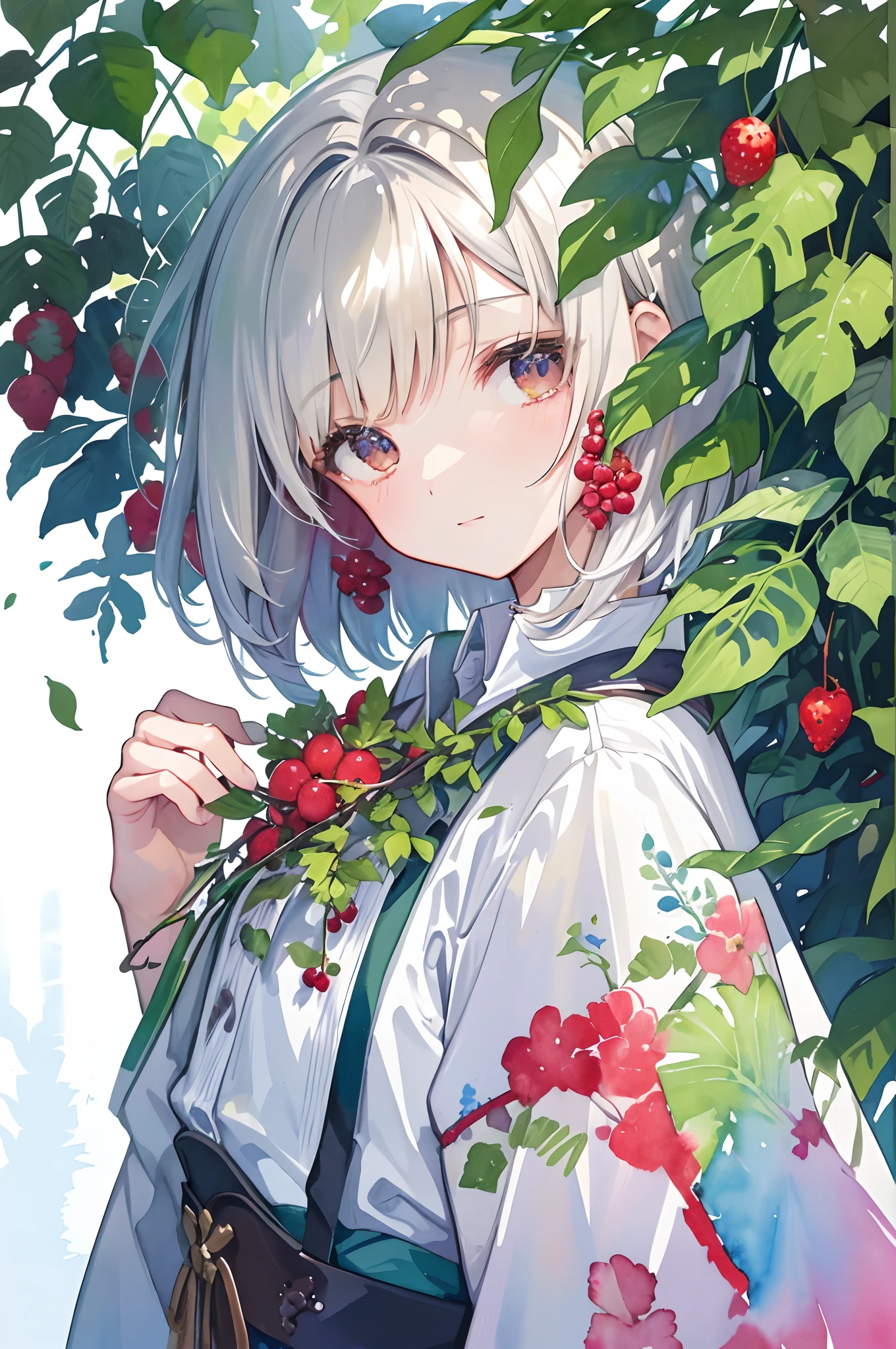 ((super detailed), #3b4195背景, beautiful flowers, berries, ferns, leaves, watercolor pattern of calming colors), (watercolor texture), ((1 girl), short hair, cute,
