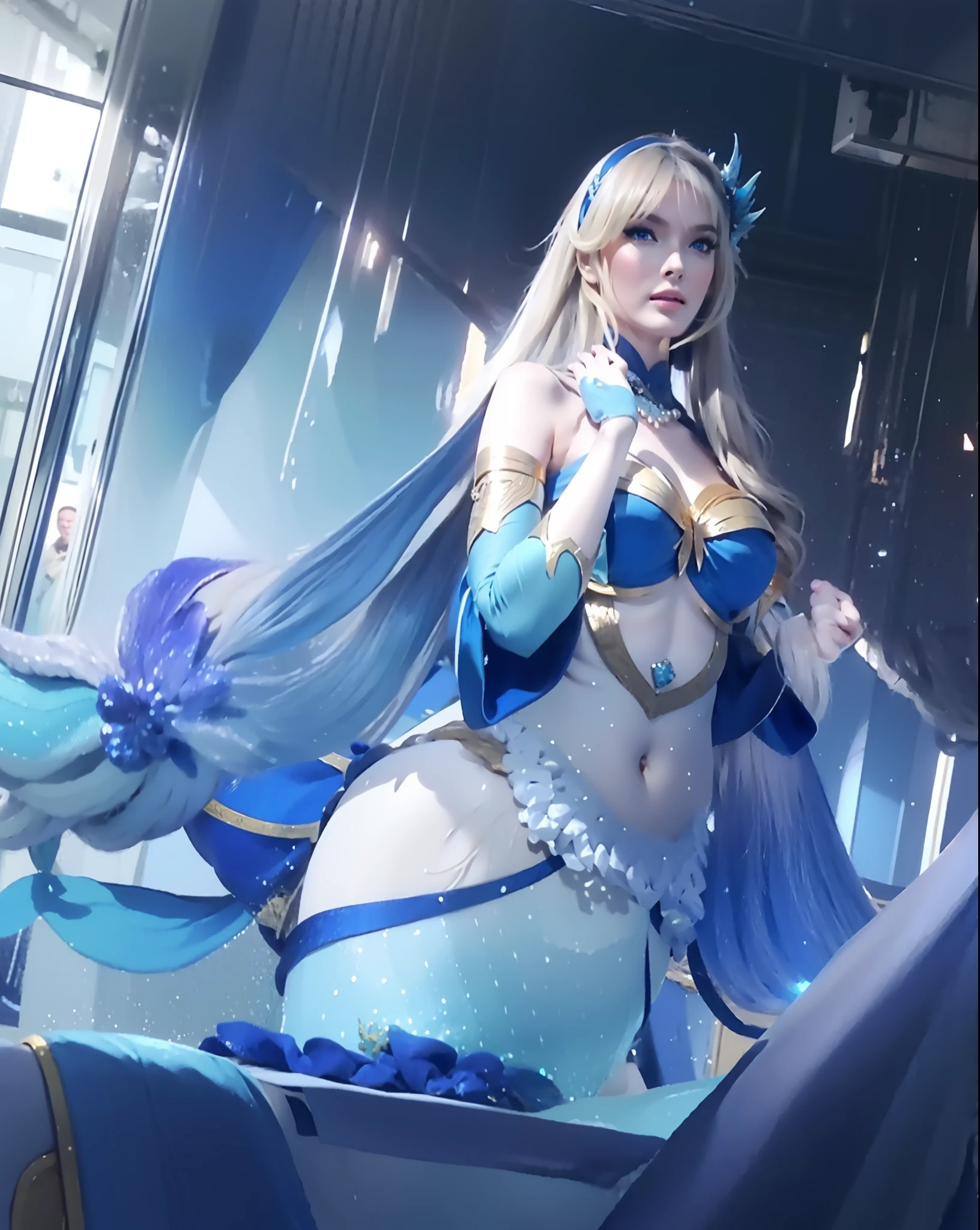 female, white long hair, glare, blue eyes, sharp, wearing blue navy dress elegant with gold line, light brown skin, the stomach is open, Mermaid horn headband, photorealistic, masterpiece