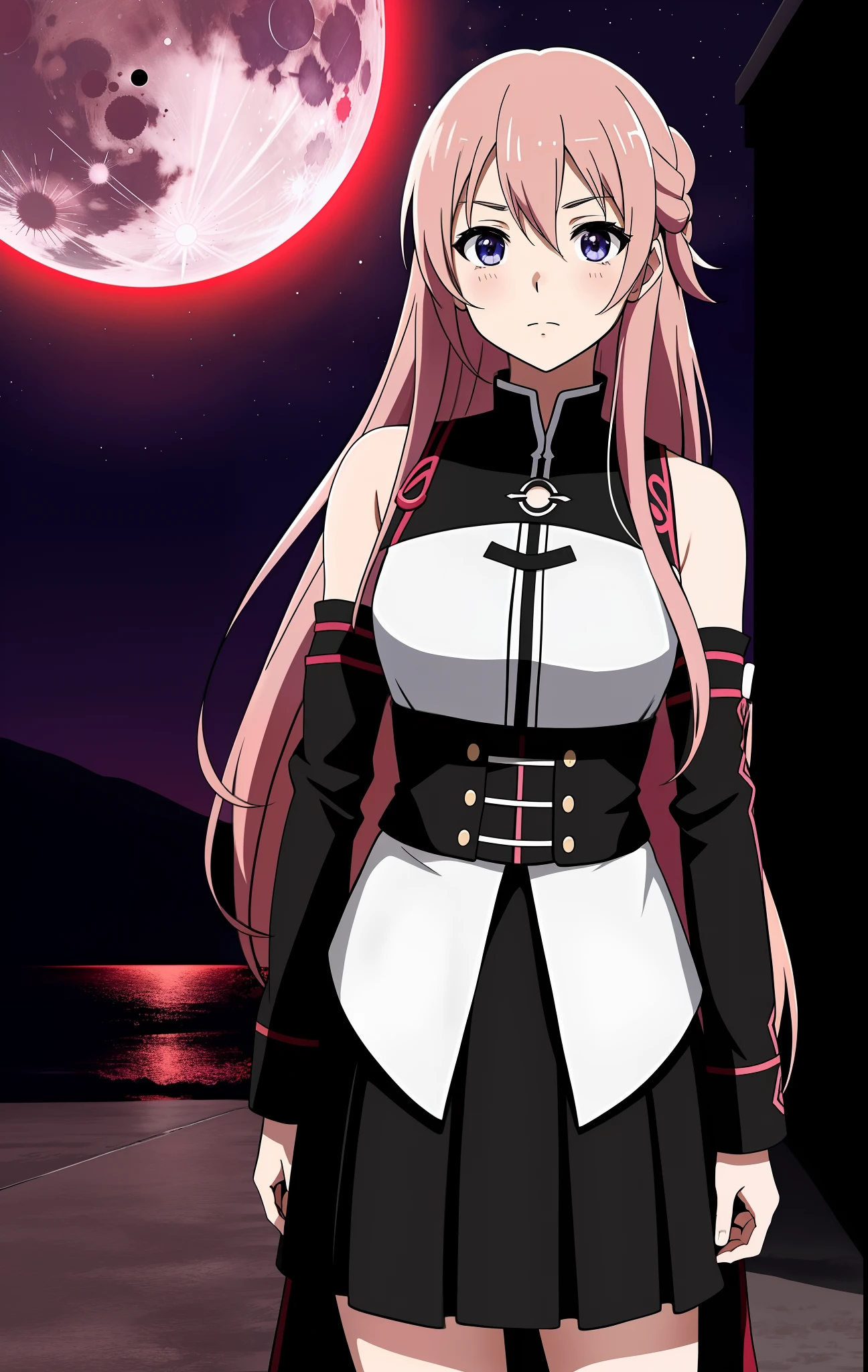 Crea una chica anime con cabello blanco, al estilo de Asuna Yuuki. Furthermore, dale heterocromía, es decir, un ojo azul en el lado derecho y uno morado en el izquierdo. Place it in a nocturnal environment under a moon full of terror and a blood-red sky. Highlights her sensuality in her attire and facial expression. Make sure the contrast between the eyes and the background is striking