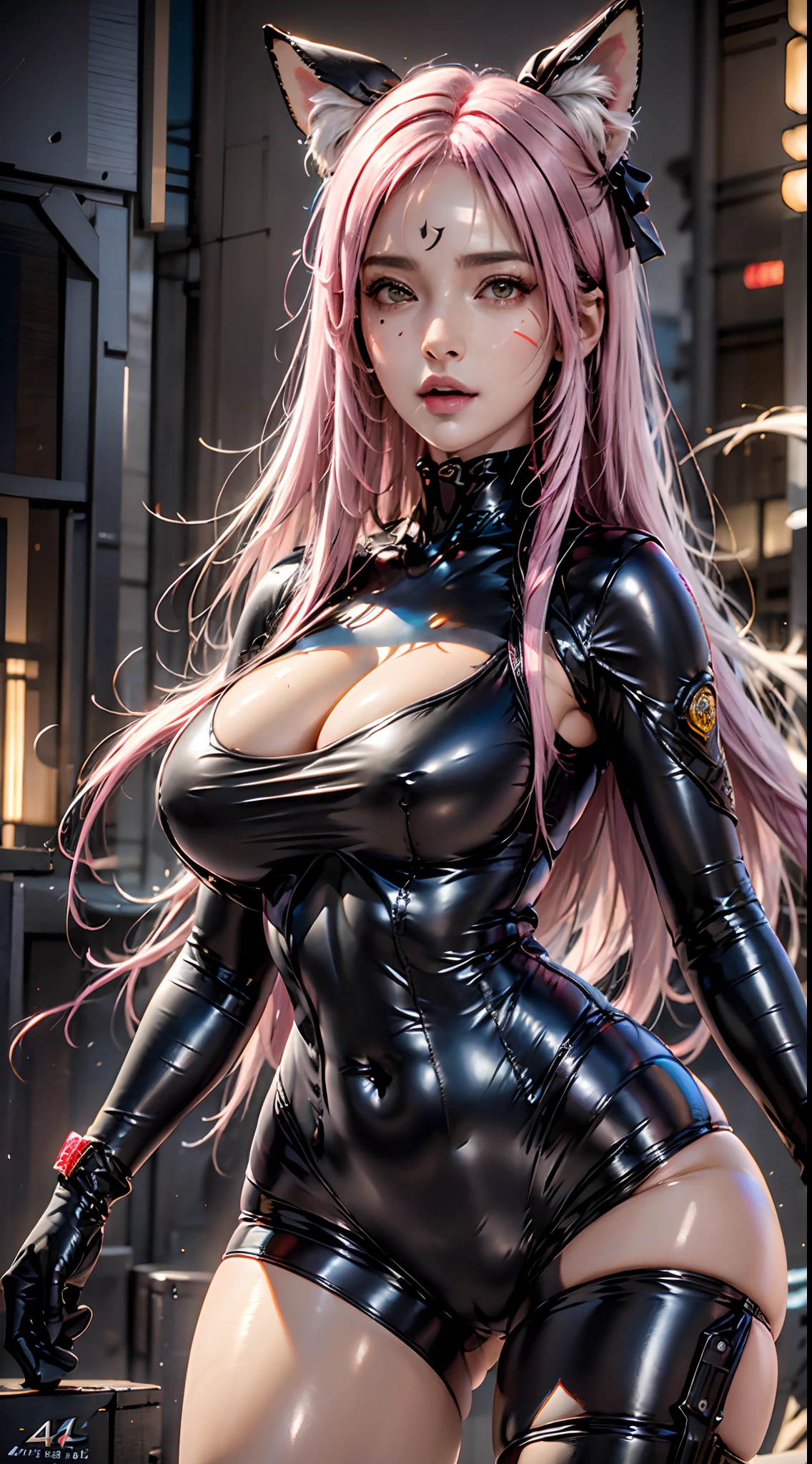 photorealistic,  high resolution,  soft light, 1women,  solo,  hips up,  dynamic pose,  shining skin,  jewelry,  tattoo,  facial mark,  fox ears,  huge breasts, ah4,  pink hair, hair ribbon,  thick thighs,  gantz black suit,  thick suit, latex, cyber suit