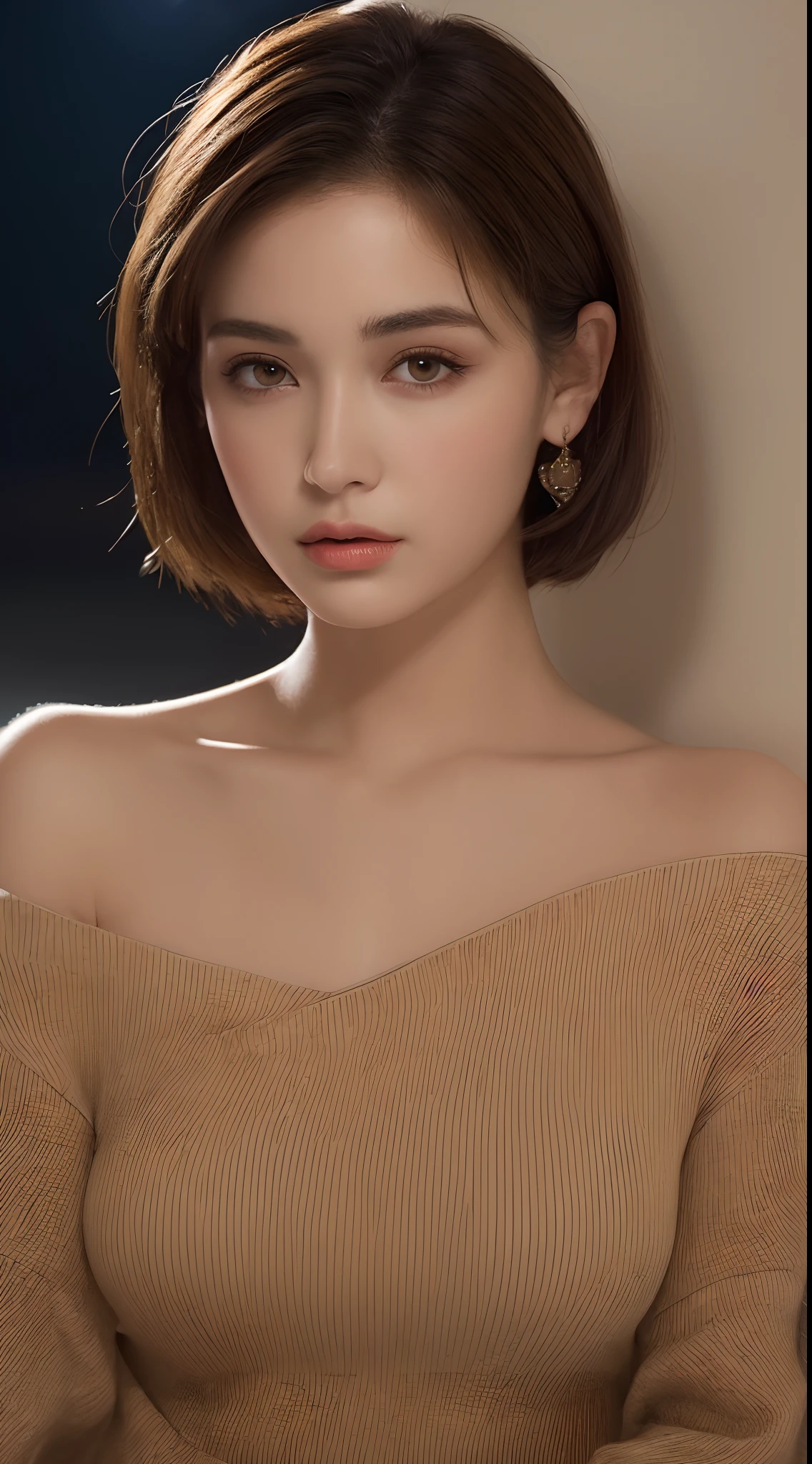 ((Night view, realistic light, best quality, 8k, masterpiece: 1.3)), 1girl, pretty woman with slim figure: 1.4, (brown hair, medium breasts: 1.3), off-the-shoulder cut top: 1.3, sofa, super detailed face, detailed eyes, double eyelids