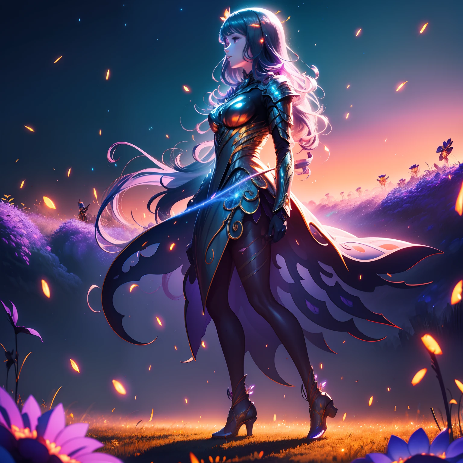 women coated with a metal slime, standing in a field surrounded by a swarm of glowing fireflies, long hair, wavy dress, high quality, 4k, highly detailed, lone figure, full body, colorful flowers, Grace weaving on the wind, evening giving way to night, orange skyline, beautiful, stunning, triumphant pose, neutral expression, frills, glowing purple