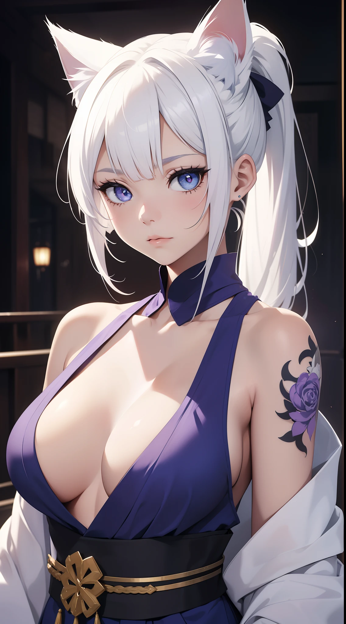 young girl, white colored hair, Cat's ears, high ponytail, Heterochromia, blue and purple eyes, Blue kimono, tattoo, Sleeveless, Deep neckline on the chest, open breasts, open shoulders, Masterpiece, hiquality, high detail, HD, 4k