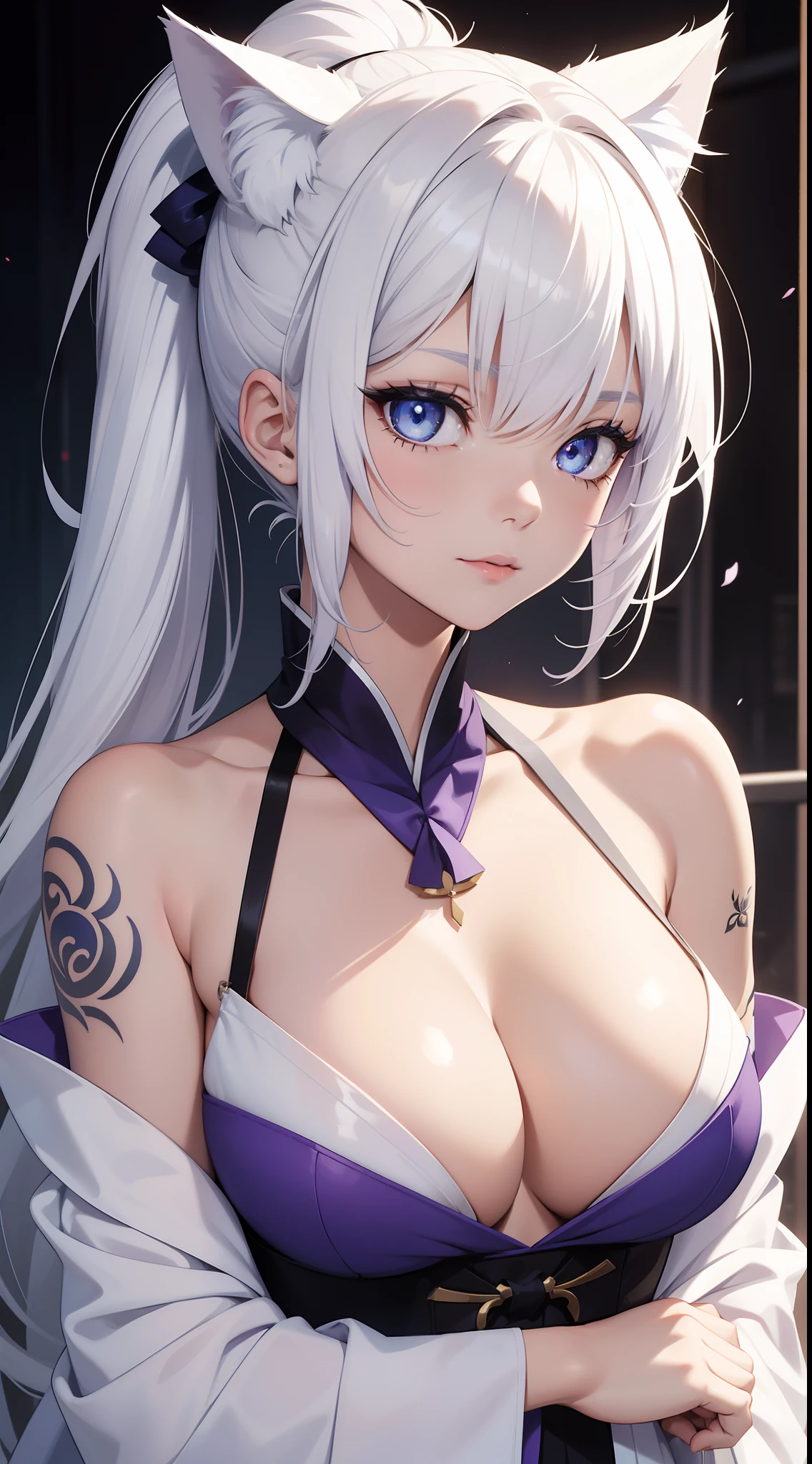 young girl, white colored hair, Cat's ears, high ponytail, Heterochromia, blue and purple eyes, Blue kimono, tattoo, Sleeveless, Deep neckline on the chest, open breasts, open shoulders, Masterpiece, hiquality, high detail, HD, 4k