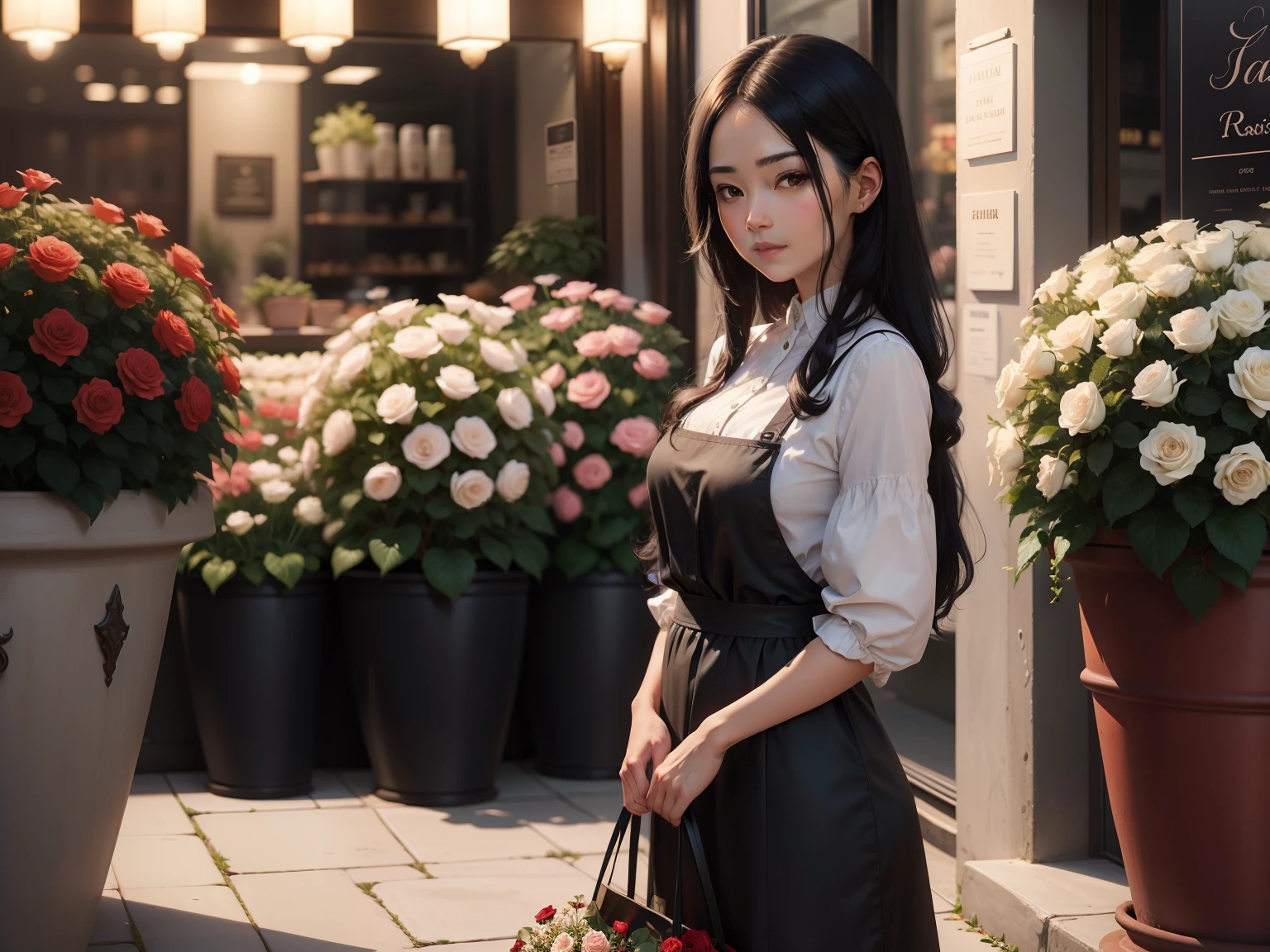 black hair, A pot of Chiba roses, In front of a florist, Surrealism, 8k, super detail