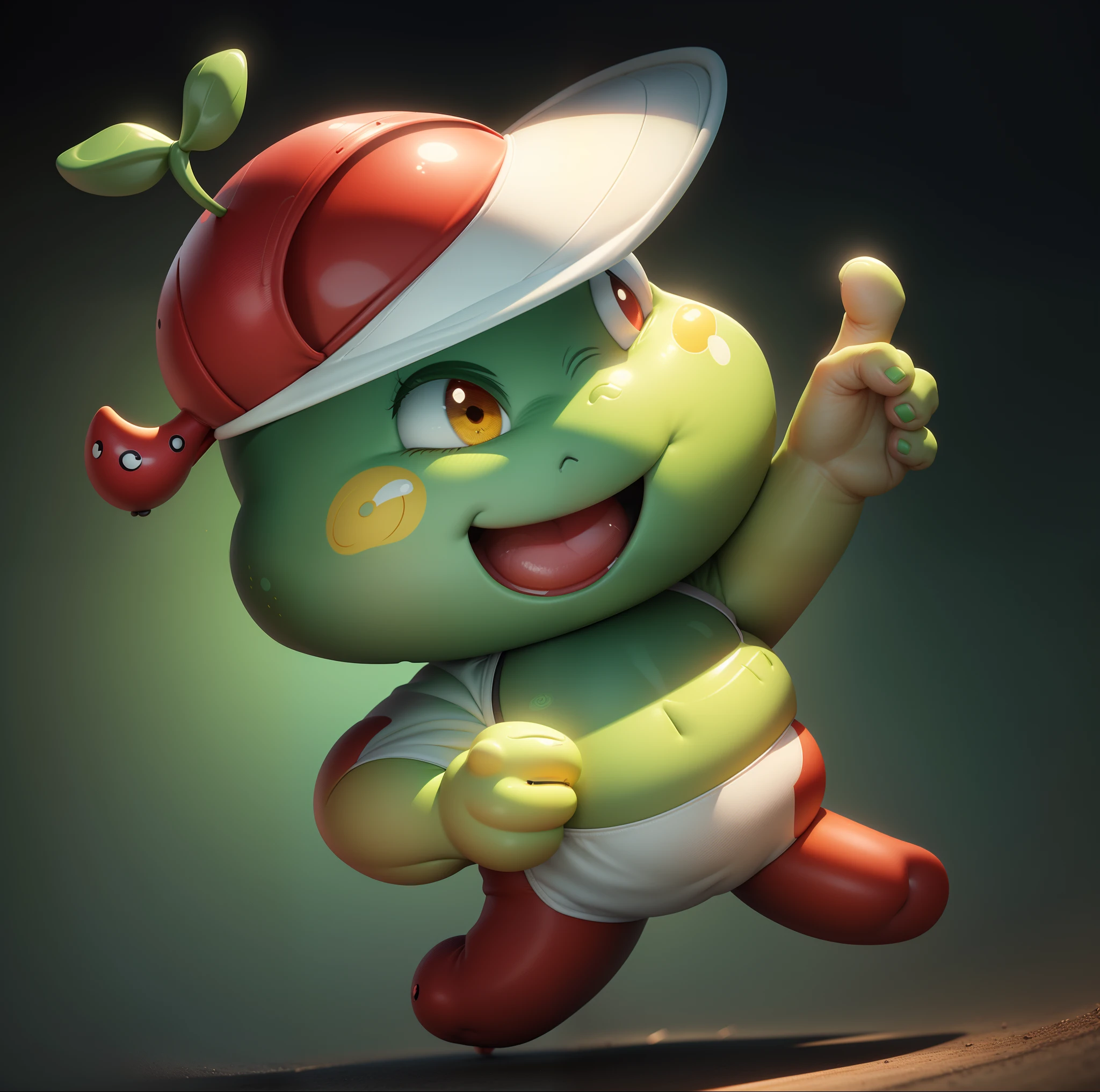 Cute cartoon,Round and cute,Green skin,Redfaced,黑The eye,Yellow belly,Red sports cap,White brim,Left finger forward,ssmile,Rounded,white backgrounid,3D cartoon style rendering,