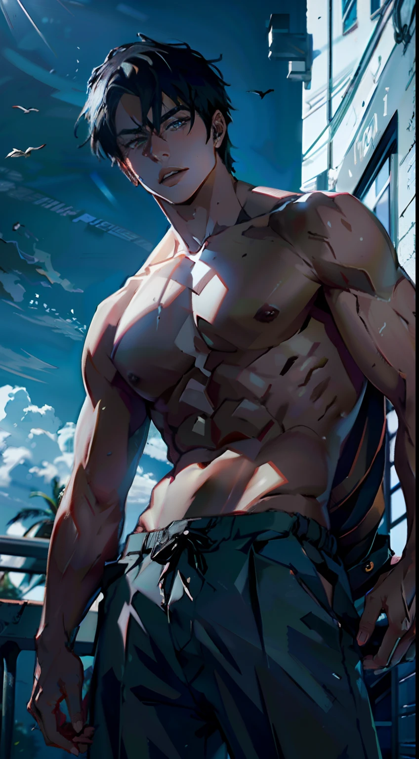 4k, High resolution, La mejor calidad, Obra maestra, colores perfectos, perfectamente sombreado, Perfect lighting, Publicado el E621, (por chunie), Anthro, ((retrato)), （（Hombre guapo））, Figura masculina perfecta, Cabello corto y detallado，Use pantalones cortos para hombre,Abs，musculatura,chest muscle，Abs，Parte superior del cuerpo desnuda，Cara detallada, Cara perfecta, (Los stands up), Antecedentes detallados, ((Bonifasko lighting)),  (ojos detallados), pupilas perfectas，piel bronceada