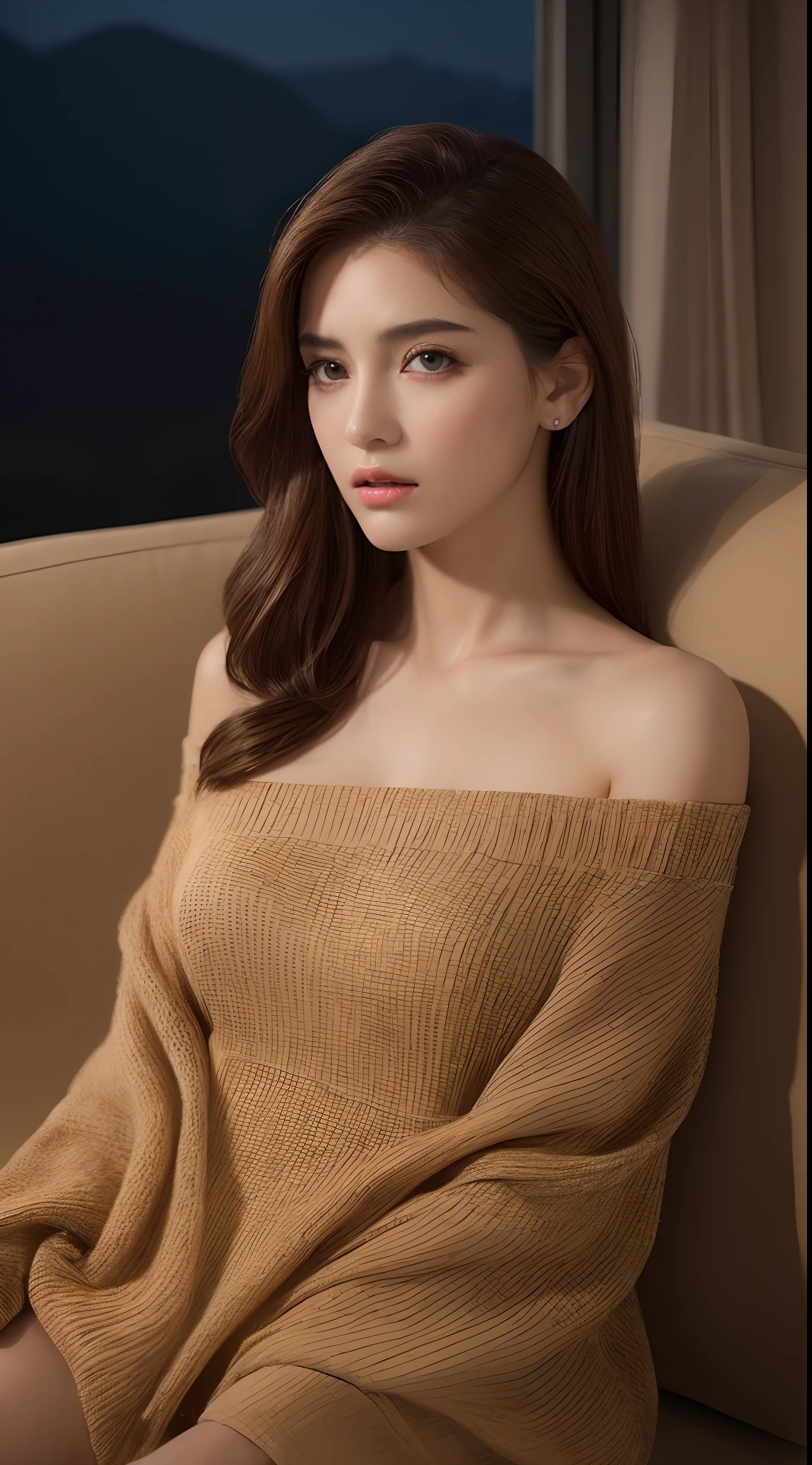 ((Night view, Realistic Light, Highest quality, 8k, masterpiece: 1.3)), One Japanese girl, Beautiful woman with slim figure: 1.4, (Brown Hair: 1.3),D Cup, Off-the-shoulder cut top: 1.3, Stiletto heel pumps,sofa, Highly detailed face, Fine grain, double eyelid,Arms up,