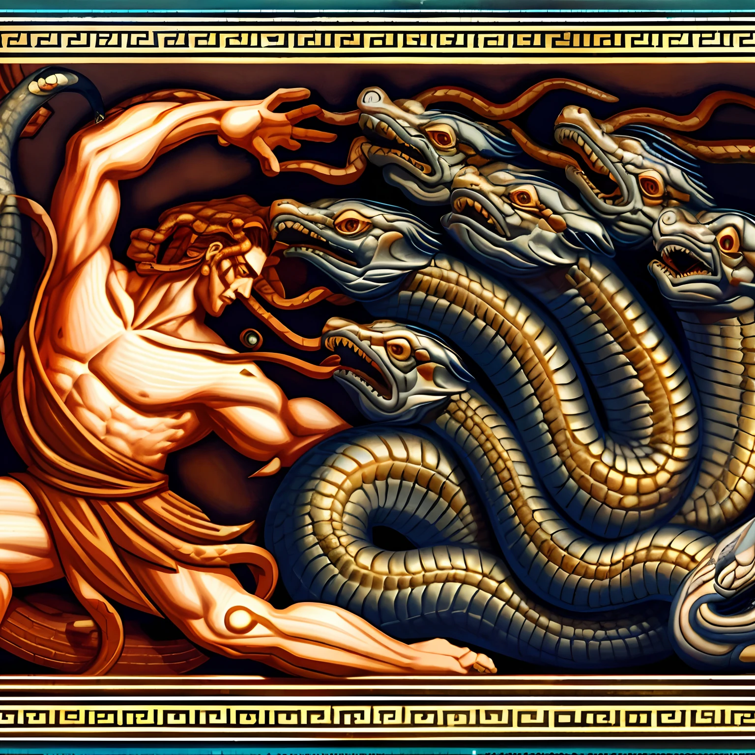 a close up of a painting of a man and a snake, greek myth digital painting, by David B. Mattingly, hydra with eight heads, by Exekias, greek dark myth, hydra, by Ignacio Zuloaga, by Sava Šumanović, mythology artwork, mark brooks detailed, snake is surrounding them, mythological painting, greek god