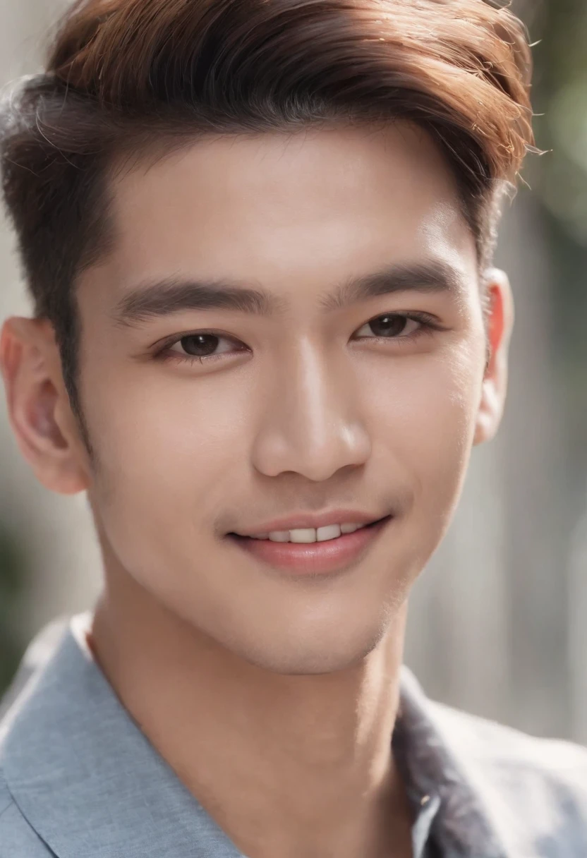 thailand，Male celebrities，Fashionable hipsters，Delicate facial features，Handsome，rays of sunshine，（Toothy smile 1.1），white teeth，Asian superstar，Close-up of portraits，Real Human，Ultra photo realsisim，photore，Hyper-realistic，Ultimate skin