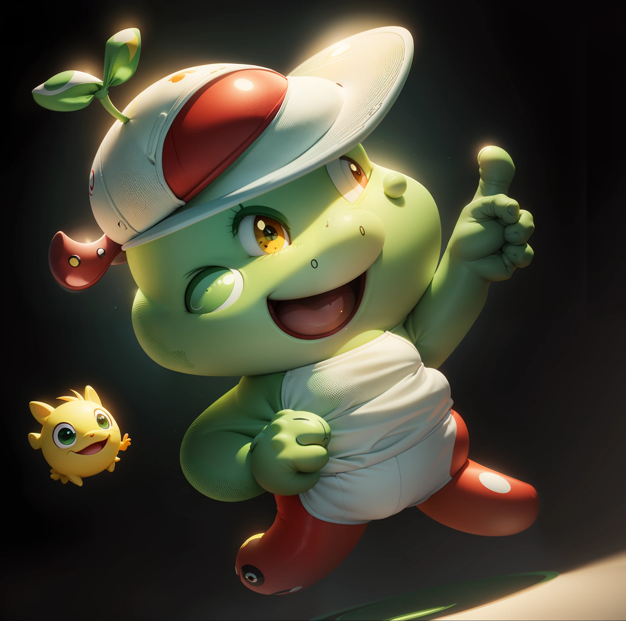 Cute cartoon,Round and cute,Green skin,Redfaced,黑The eye,Yellow belly,Red sports cap,white brims,ssmile,Rounded,white backgrounid,3D cartoon style rendering,Roundness,