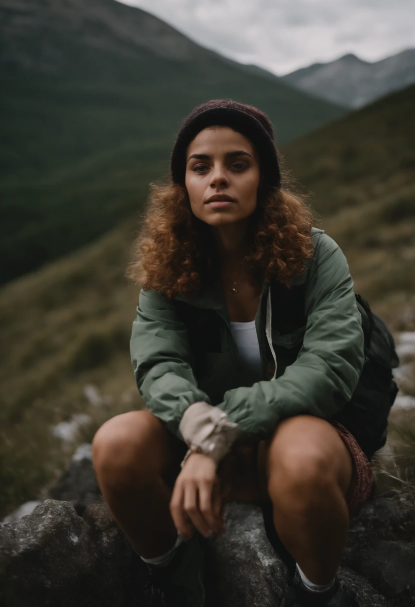 Hiker, in the style of rap aesthetics, schizocore, girl, photo taken with fujifilm superia, charly amani, oversized portraits, babycore, upper body