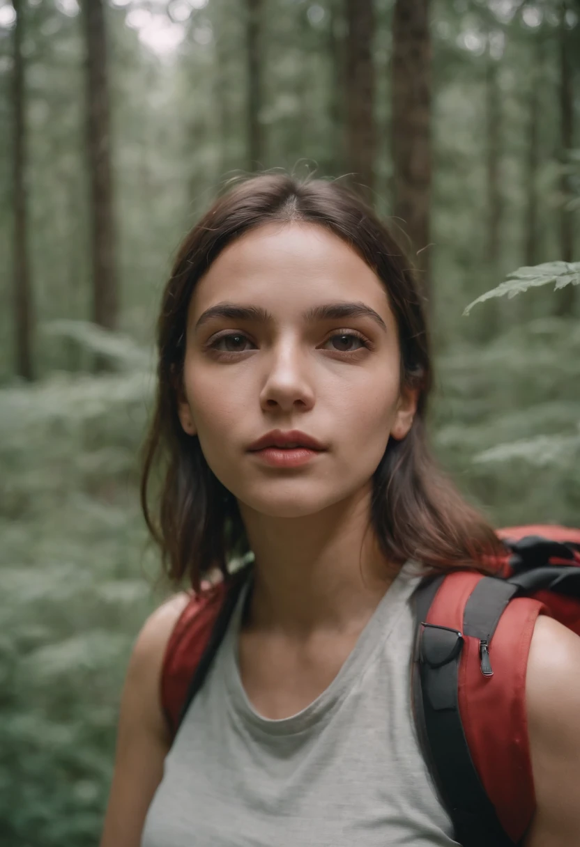 Hiker, in the style of rap aesthetics, schizocore, girl, photo taken with fujifilm superia, charly amani, oversized portraits, babycore, upper body