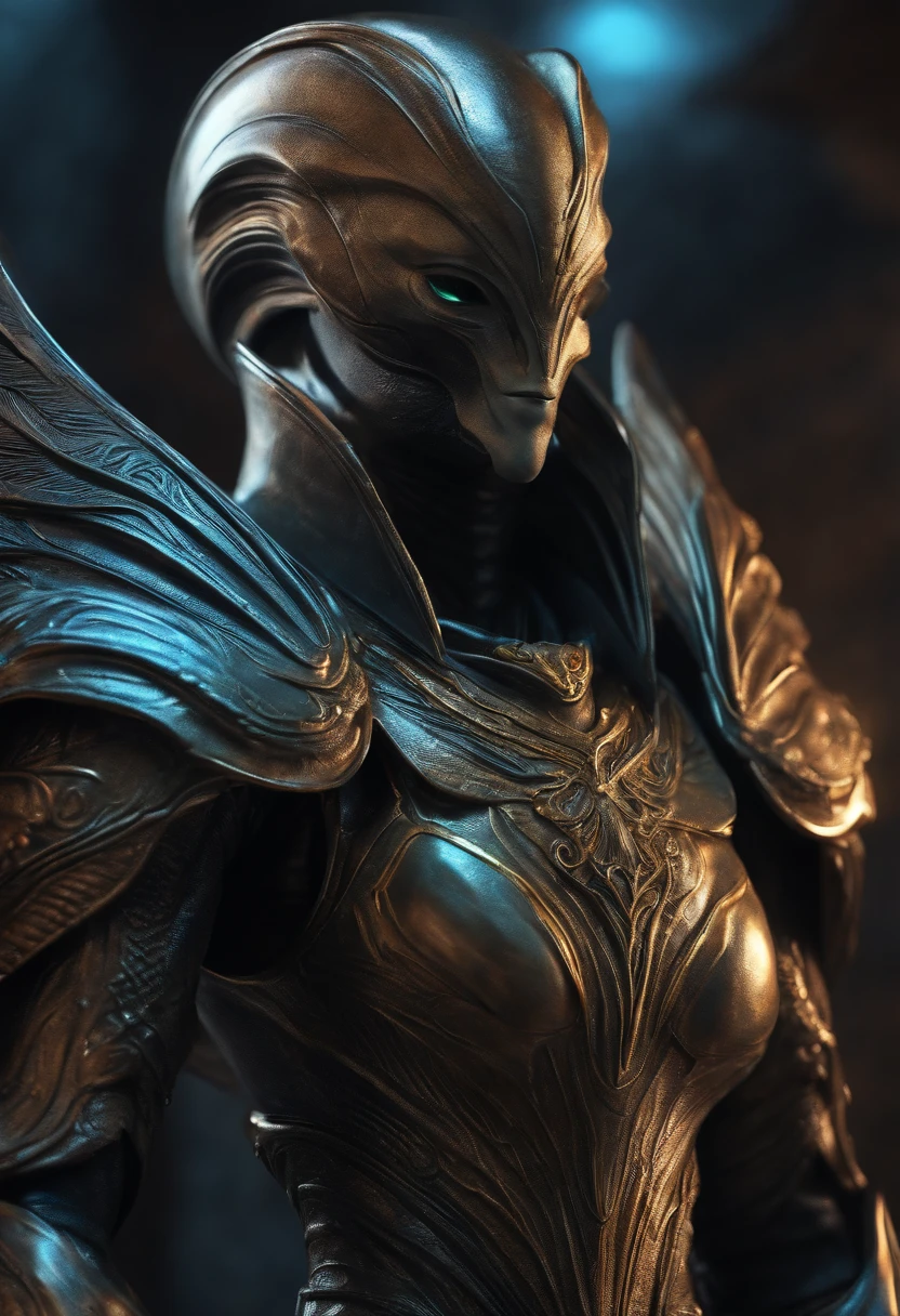Alien creature close up high detail, in a knight suit with angel wings