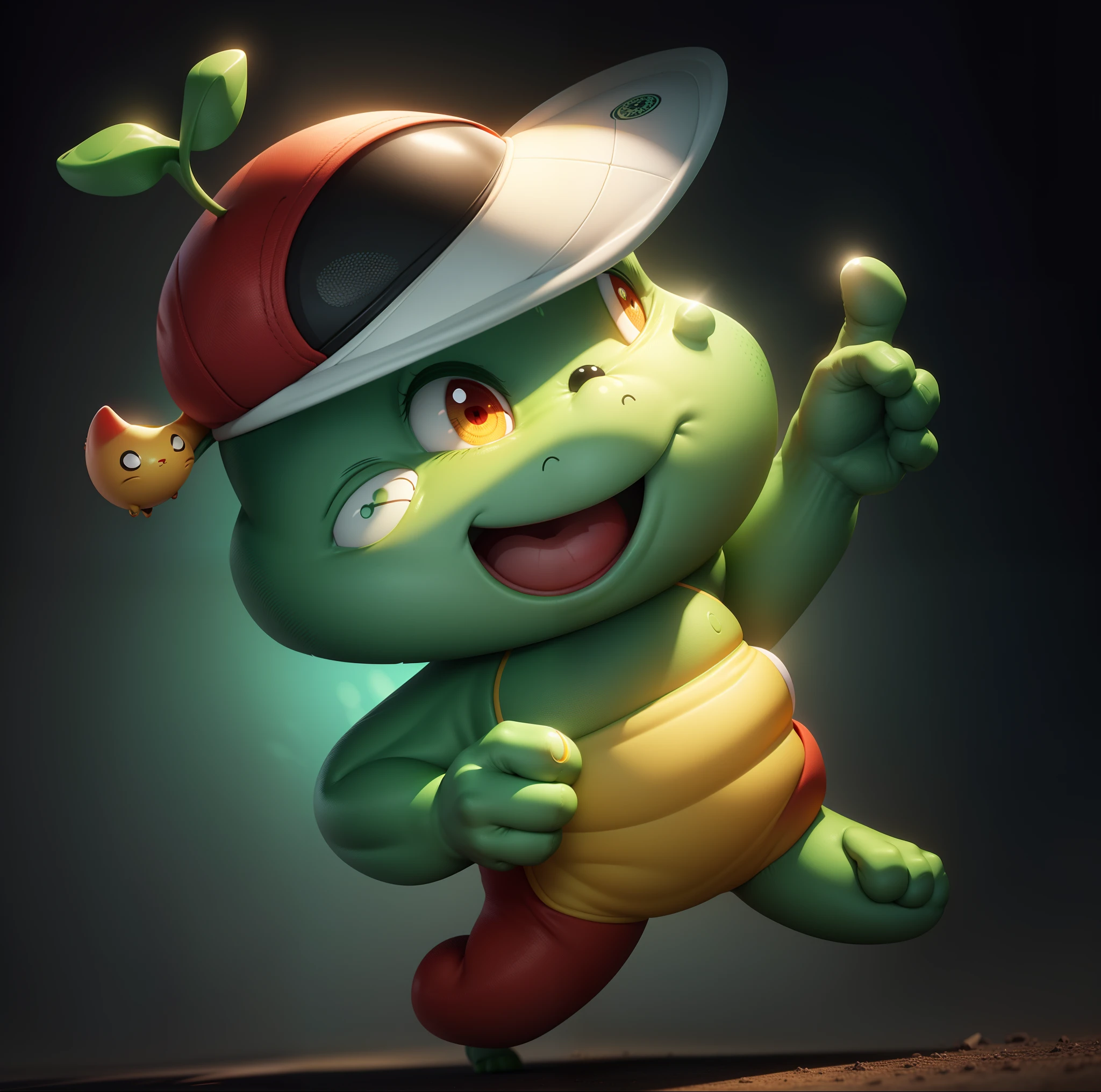 Cute cartoon,Green skin,Redfaced,黑The eye,Yellow belly,Red sports cap,Left finger forward,ssmile,Rounded,white backgrounid,3d cartoon style rendering,