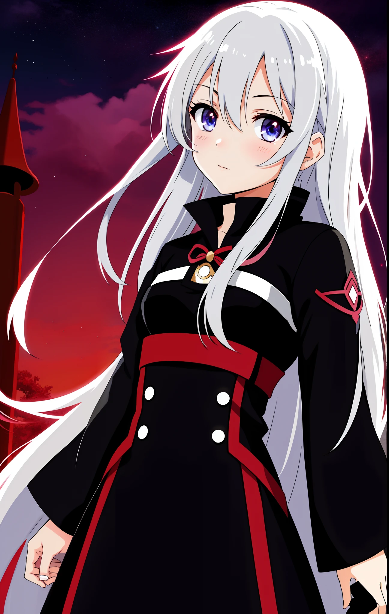 Crea una chica anime con cabello blanco, al estilo de Asuna Yuuki. Furthermore, dale heterocromía, es decir, un ojo azul en el lado derecho y uno morado en el izquierdo. Place it in a nocturnal environment under a moon full of terror and a blood-red sky. Highlights her sensuality in her attire and facial expression. Make sure the contrast between the eyes and the background is striking