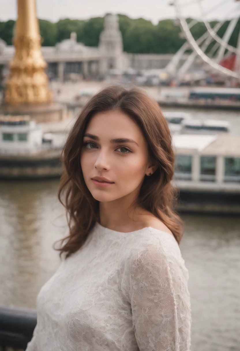 22 years old woman, perfect body, big breast, cleveage, white unbuttoned blouse, black bra, white mini skirt, relaxing on a bridge as she walks past the skyscrapers while having fun in the city, in the style of light white and light brown, julia pishtar, distinct facial features, lighthearted, hasselblad h6d-400c, full body shot, joyful and optimistic