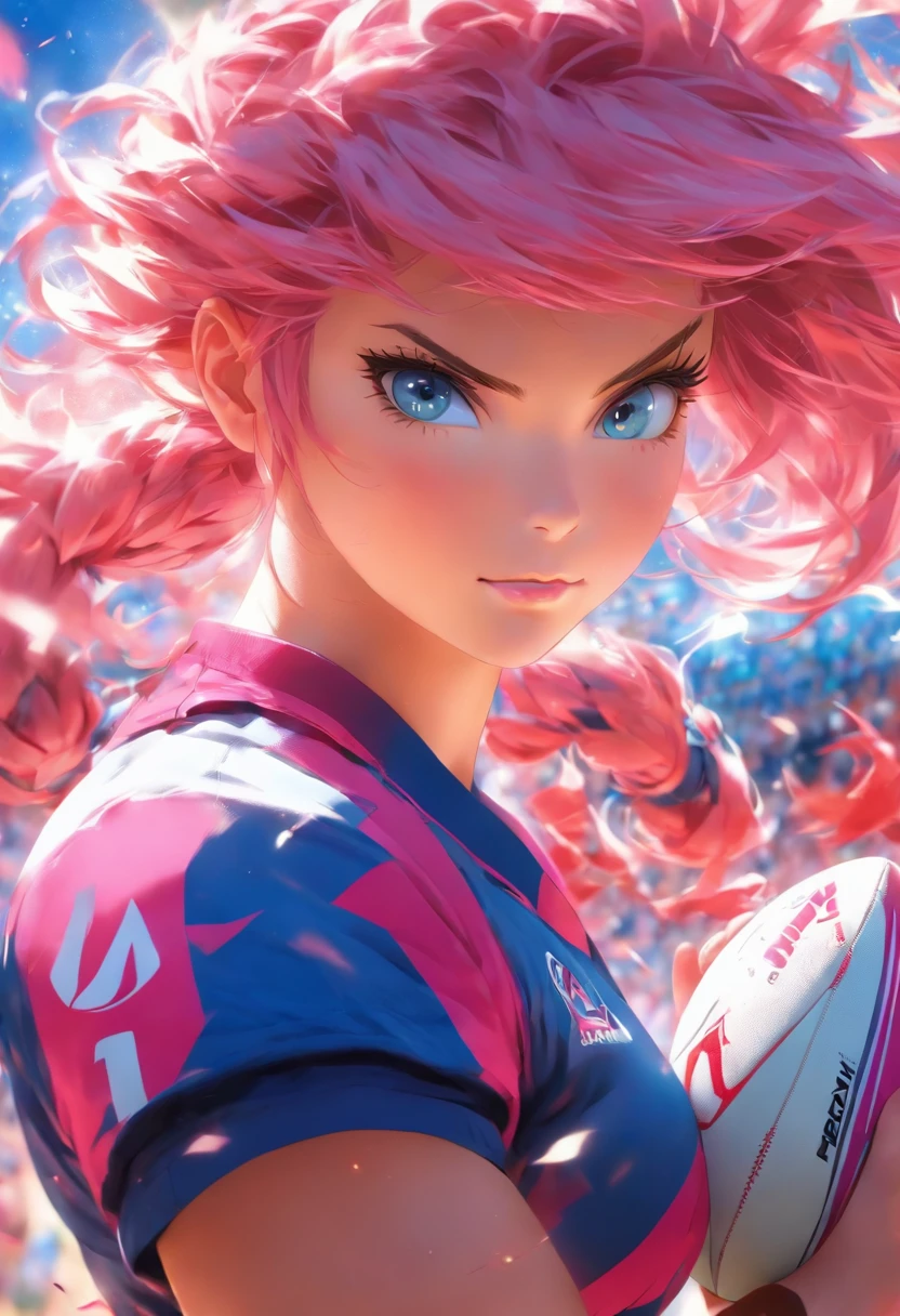 The most beautiful and sexy rugby player girl, pink hair, blue eyes, wearing highly detailed and sexy rugby uniform, holding a rugby ball, highly detailed background, perfect masterpiece, high quality, high resolution