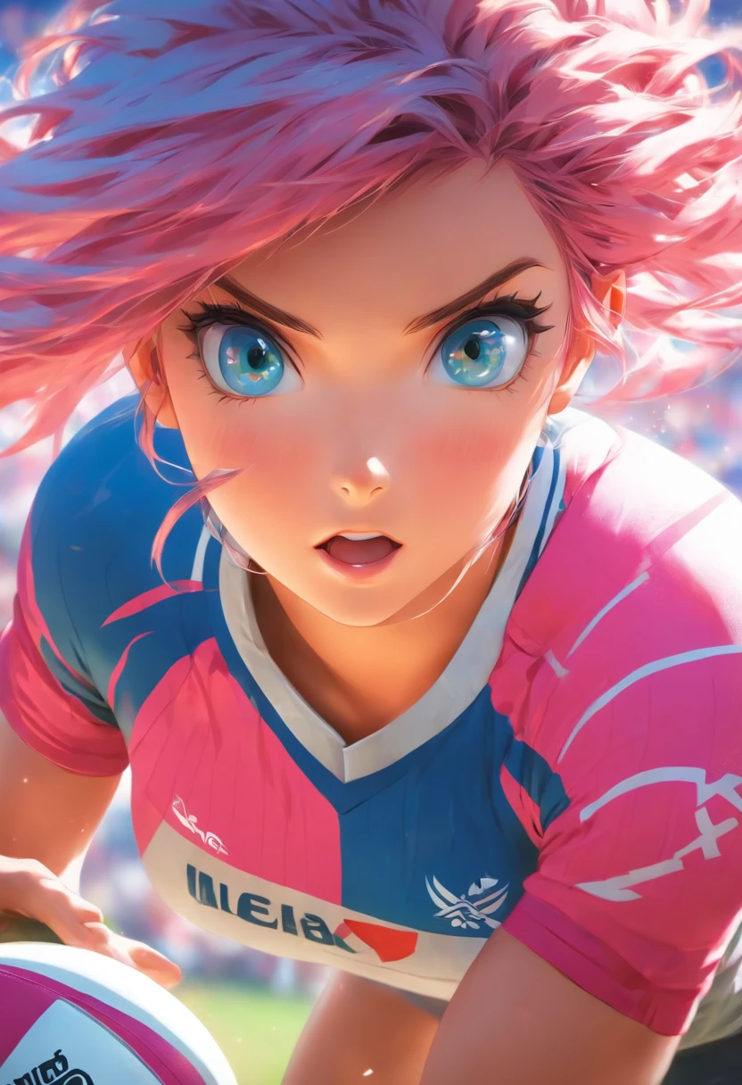 The most beautiful and sexy rugby player girl, pink hair, blue eyes, wearing highly detailed and sexy rugby uniform, holding a rugby ball, highly detailed background, perfect masterpiece, high quality, high resolution