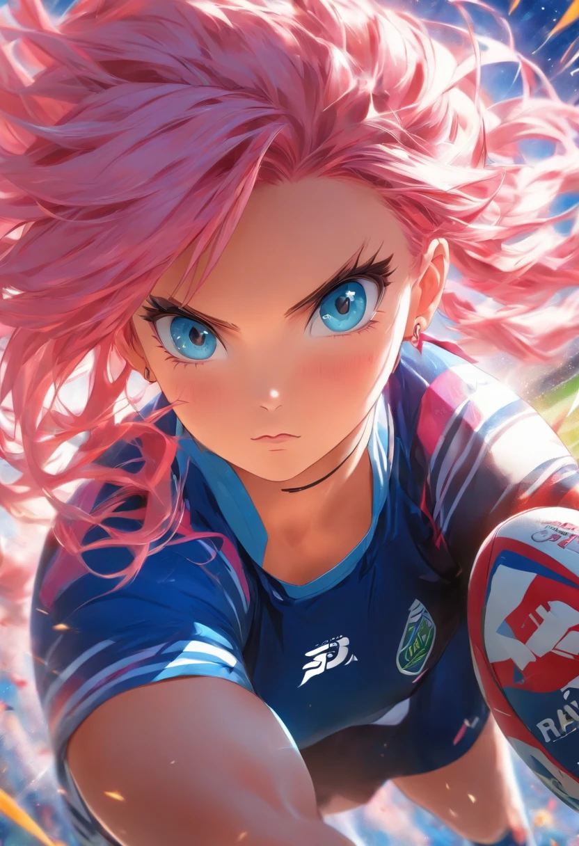 The most beautiful and sexy rugby player girl, pink hair, blue eyes, wearing highly detailed and sexy rugby uniform, holding a rugby ball, highly detailed background, perfect masterpiece, high quality, high resolution