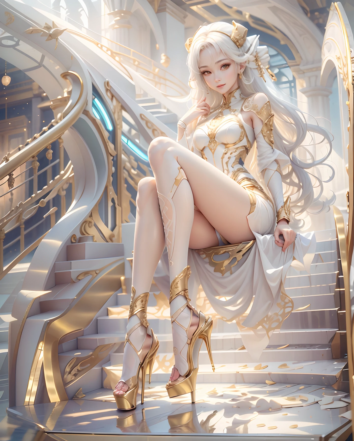Ivory Gold AI、spaceships、stele、25Old Female、1girl with、Look at the viewer、smil、Finish as shown in the photo、Beautuful Women、the skin is white and transparent、Paws are thin and beautiful、high-heels、No plaque required、