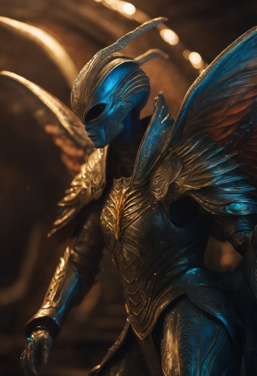 Alien creature close up high detail, in a knight suit with angel wings