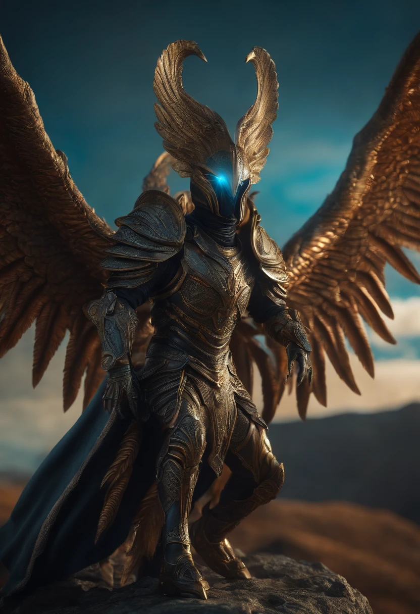Alien creature close up high detail, in a knight suit with angel wings