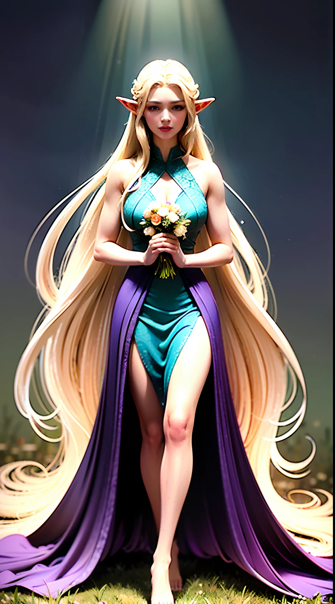 Full-length portrait of Litháriël, a beautiful Elf with long silver-blond hair and violet eyes. She wears a long, flowing forest green dress, with embroidered leaves and flowers on the cuffs and bodice. She stands barefoot in a meadow illuminated by the warm light of the evening. Her expression is serene and full of kindness. She holds an elven bow in one hand and gently caresses the flowers with the other. Behind her you can see tall trees and a crystal clear stream. The background is blurred. The image has a warm color palette, such as oranges, golds, and soft greens. It is a realistic painting with a lot of detail in Litháriël's hair, dress and expression.