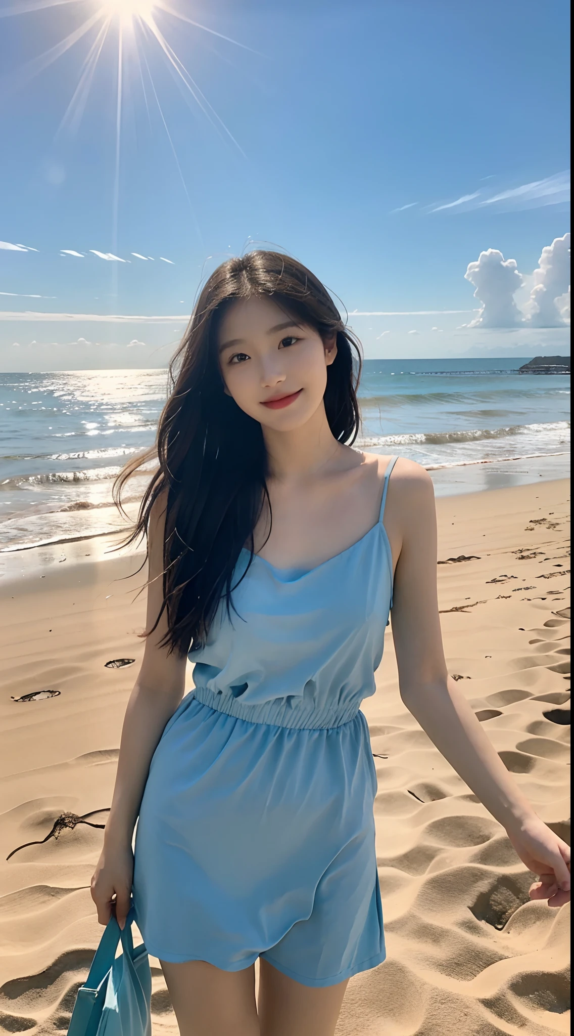 。 Behind her, Blue sky and white clouds give off warm sunshine, Intertwined with the sound of waves crashing on the beach. She gently raised her head, Smile and stare into the distance, Her eyes reveal hints of mystery and longing.

The surrounding scenery is also heartwarming. Fine grains of sand on the beach shimmer with golden light, With small waves in the breeze. The blue ripples of the sea are、Gives off a clear and quiet feeling. The distant island is surrounded by greenery, And green trees々is reflected in the blue sea, Like a beautiful picture.

This painting is not only a depiction of beauty, but also、a person々Brings inner peace and dreams to. Through an 8K resolution display, All details and colors are displayed so realistically, As if you can feel the warmth of the sun and the sea breeze.

The girl's posture and facial expressions exude confidence and independence, And her beauty is not only on the outside, but also inside. Her impressive beauty is like a ray of light, Attracting all of heaven and earth.

Presented in 8K resolution, this masterpiece is、Through perfect detail and high-quality representation、a person々It makes you feel the touch of beauty and charm of art. Present the dream scene on the beach to the audience in a more realistic way, a person々Make you feel like you're in it, Enjoy beauty and freedom.