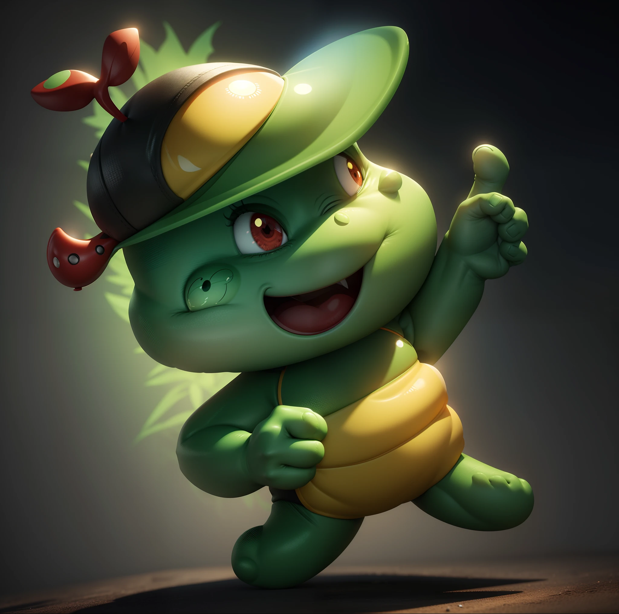 Cute cartoon,Green skin,Redfaced,黑The eye,Yellow belly,Red sports cap,Left finger forward,ssmile,Rounded,white backgrounid,3d cartoon style rendering,