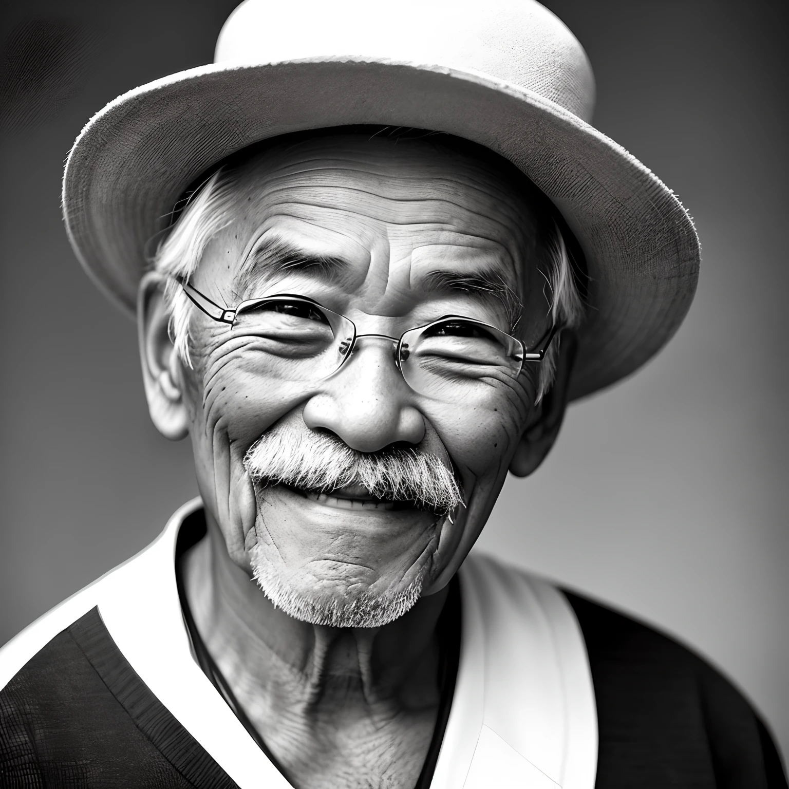 The mustachioed Arafeld man looks into the camera, asian man, portrait photo of an old man, Smiling man, 50mm portrait, An old man, close - up portrait shot, the look of an elderly person, old man portrait, old man, a close up portrait photo, 7 0 mm portrait, 60mm portrait, Wise old man，No hats，Position to the middle，The head cannot go beyond the frame
