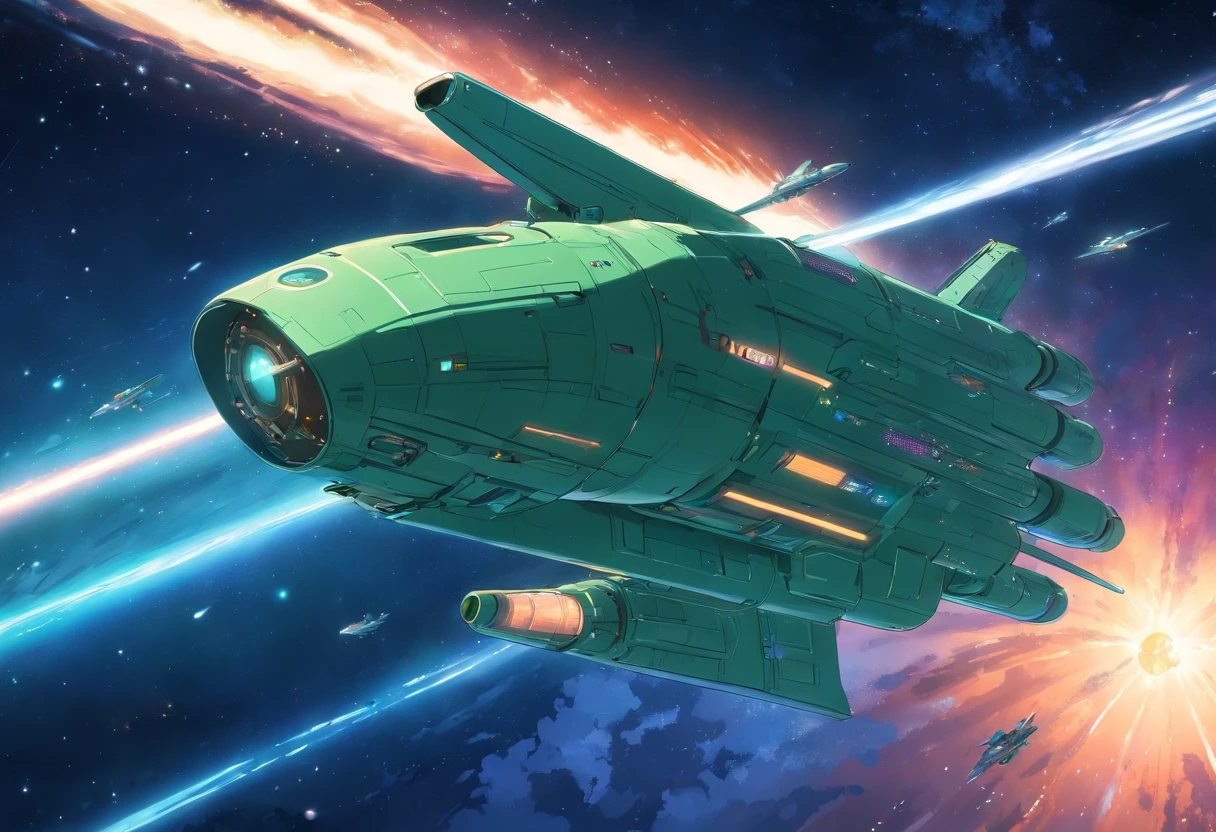 military long rectangular spaceship like a tube, flying in the deep space